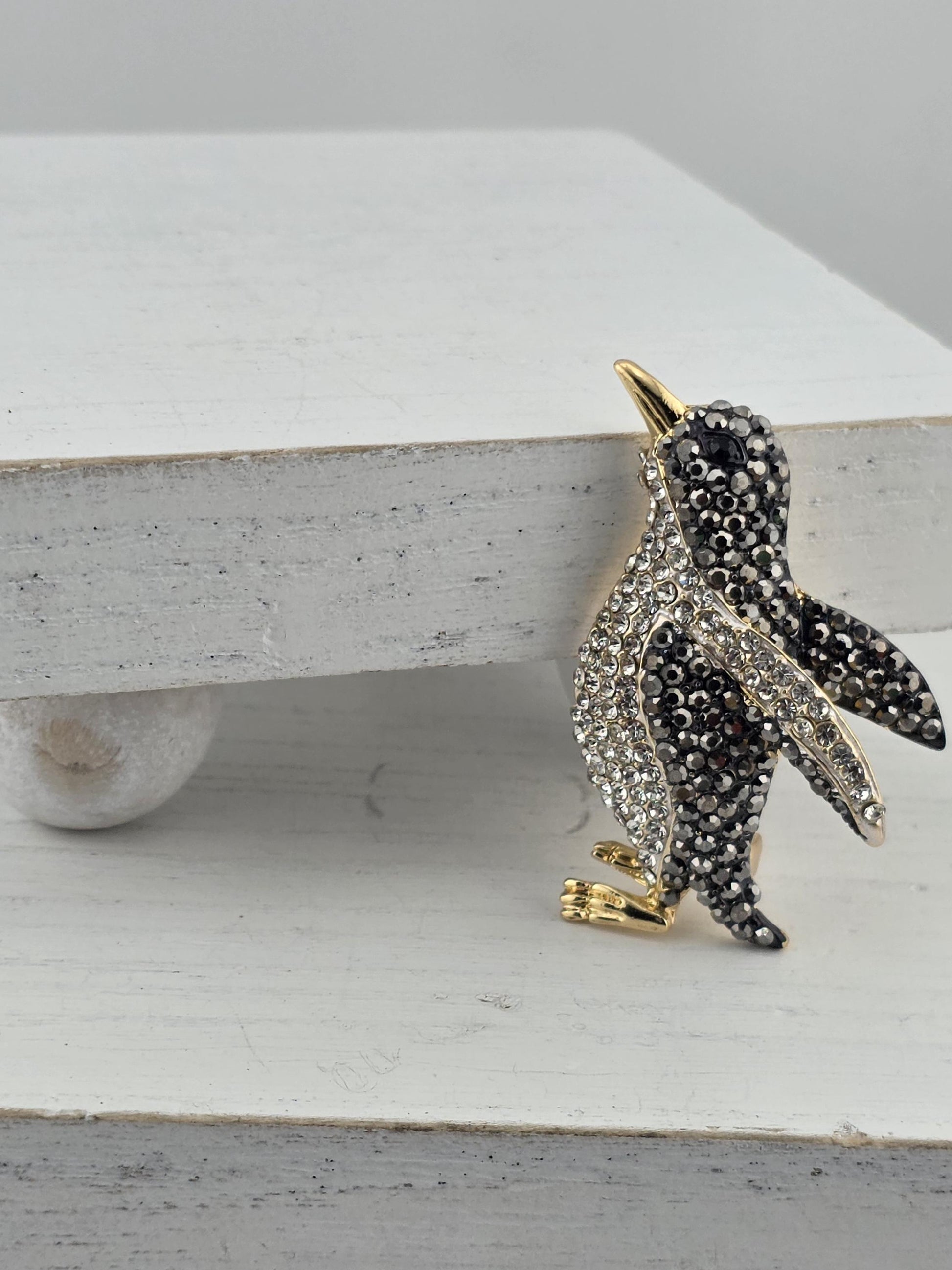 Penguin Pendant Charm - Gold Plated with Rhinestone Detail | Handmade Pin | Jacket Scarf Hat Accessory | Gift Idea
