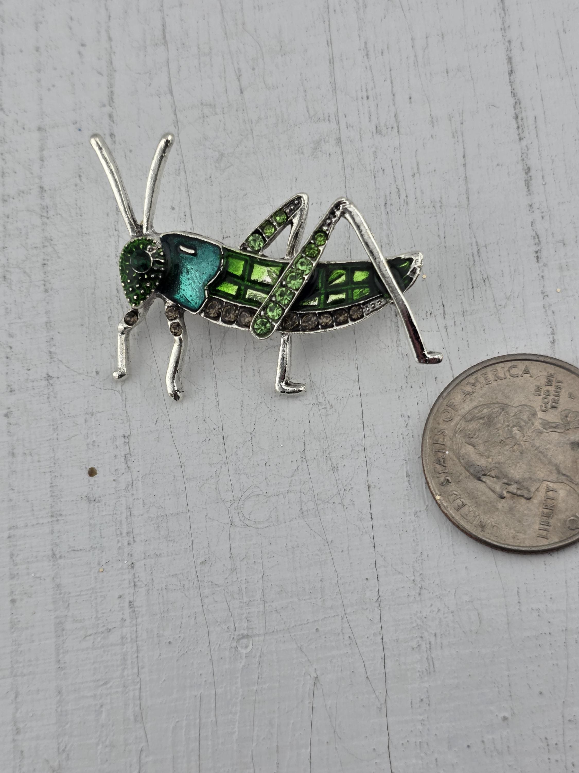 Grasshopper Brooch: Silver Plated Nature Pin (Handcrafted Green Detail)