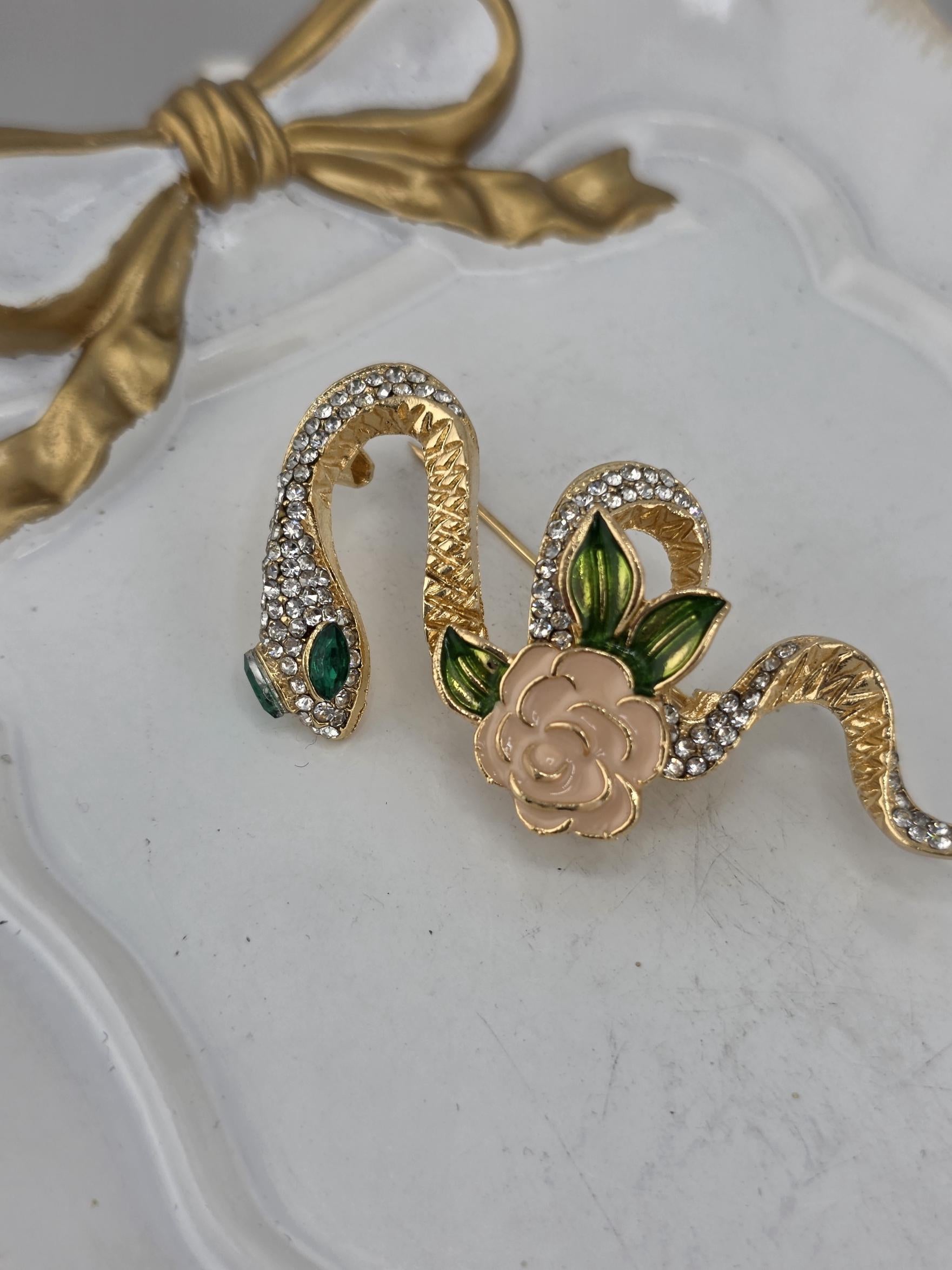 Snake and Rose Pin: Gold Plated Floral Design - Compact Rhinestone Accent | Handmade Pin | Jacket Scarf Hat Accessory | Gift Idea