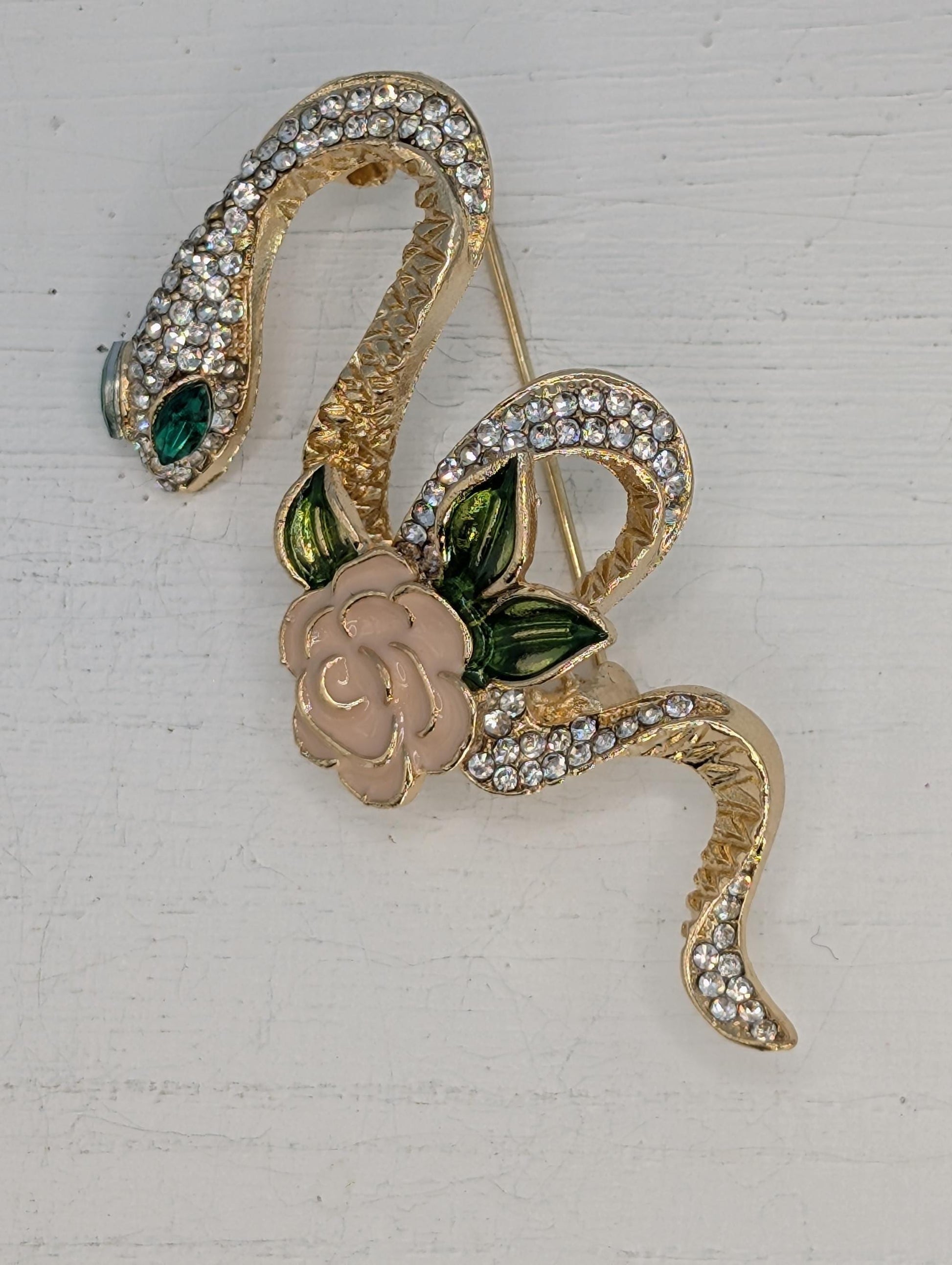 Snake and Rose Pin: Gold Plated Floral Design - Compact Rhinestone Accent | Handmade Pin | Jacket Scarf Hat Accessory | Gift Idea