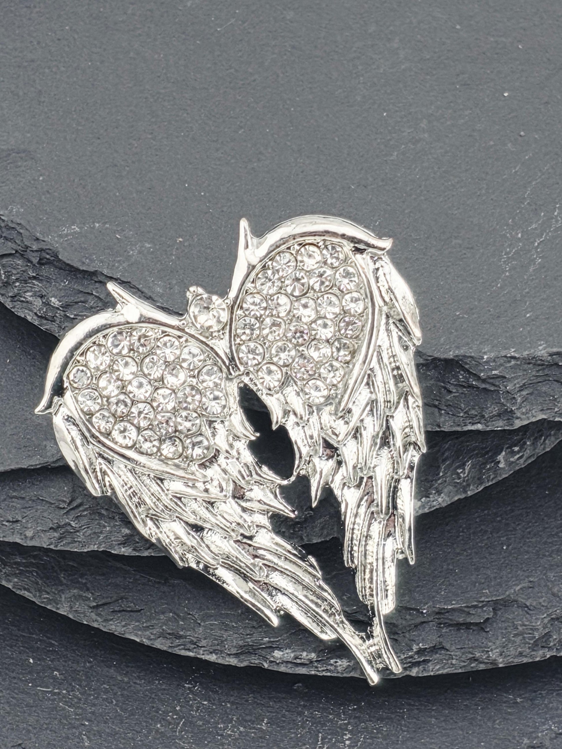 Angel Wings Brooch: Silver Plated Pin with Rhinestone Detail (Lightweight) | Handmade Pin | Jacket Scarf Hat Accessory | Gift Idea