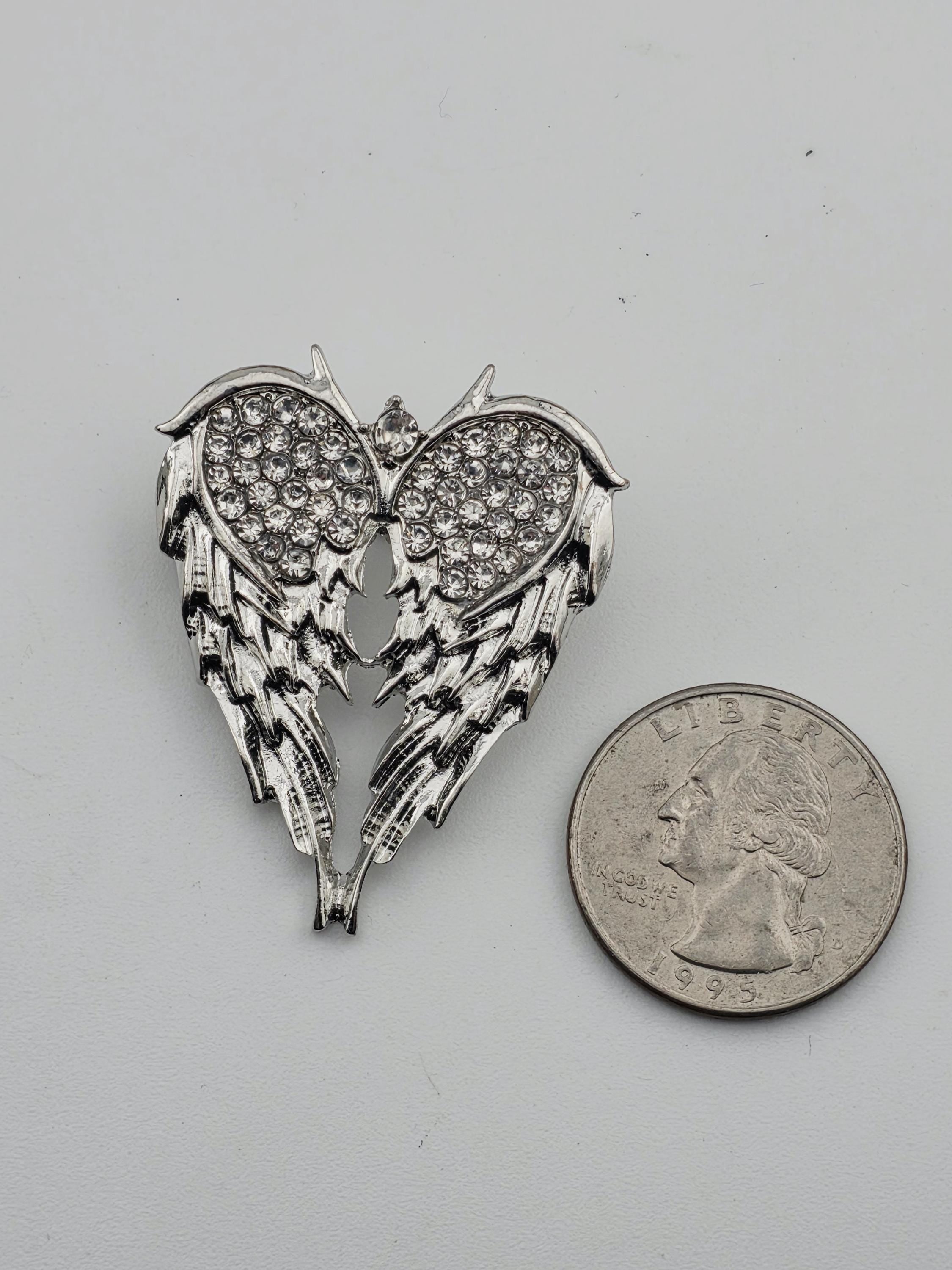 Angel Wings Brooch: Silver Plated Pin with Rhinestone Detail (Lightweight) | Handmade Pin | Jacket Scarf Hat Accessory | Gift Idea