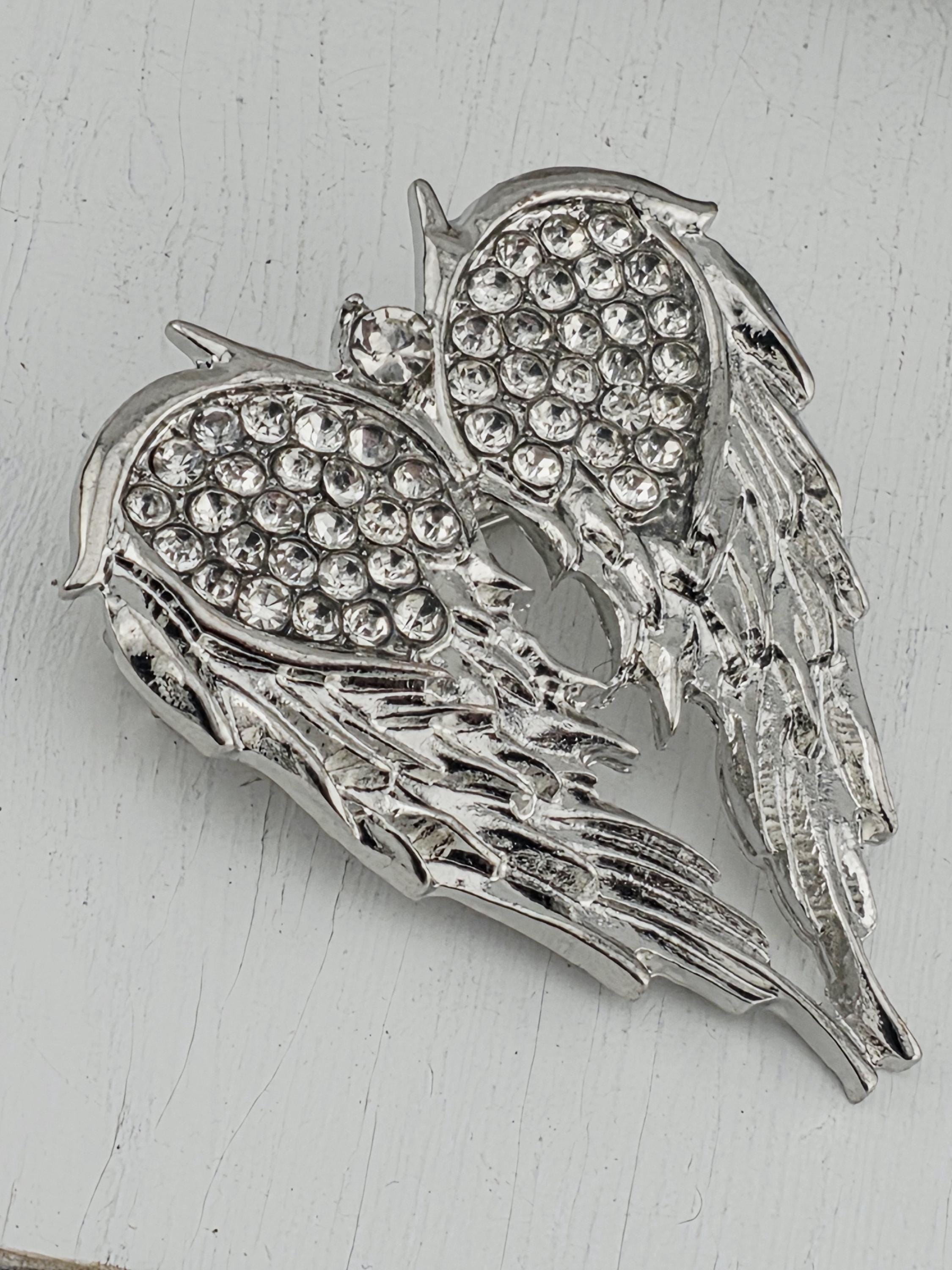 Angel Wings Brooch: Silver Plated Pin with Rhinestone Detail (Lightweight) | Handmade Pin | Jacket Scarf Hat Accessory | Gift Idea