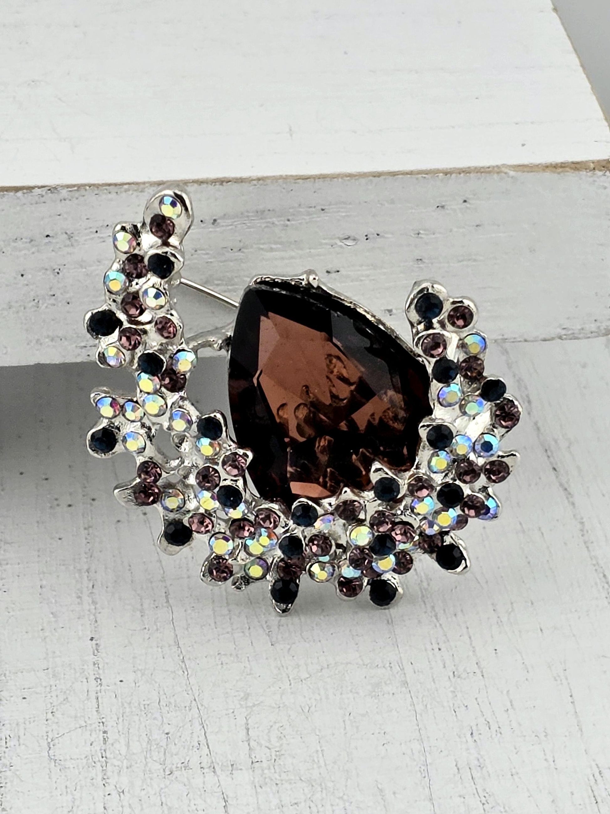 Amethyst Flower Brooch Pin - Silver-Plated with Purple Rhinestone