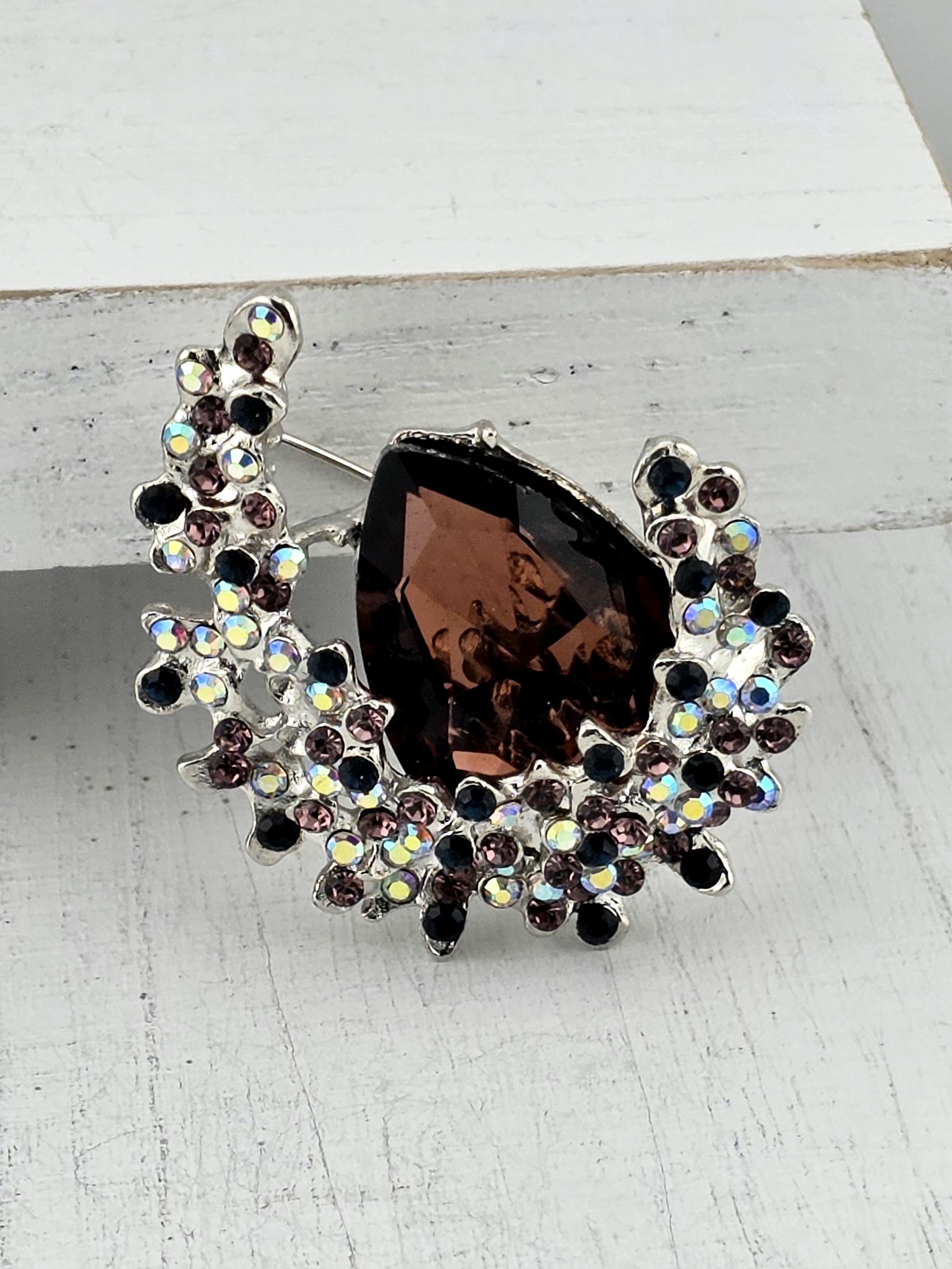 Amethyst Flower Brooch Pin - Silver-Plated with Purple Rhinestone