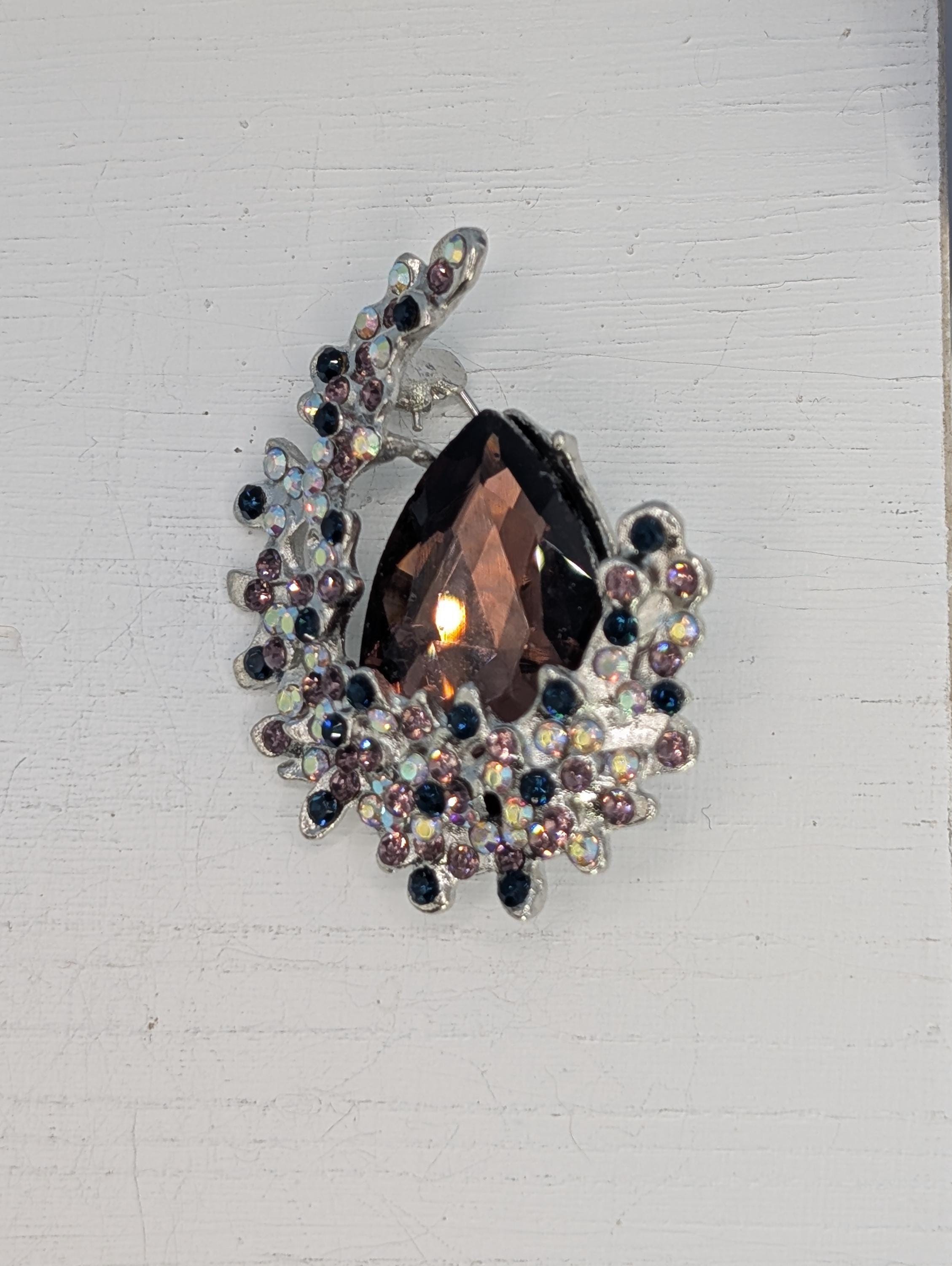 Amethyst Flower Brooch Pin - Silver-Plated with Purple Rhinestone