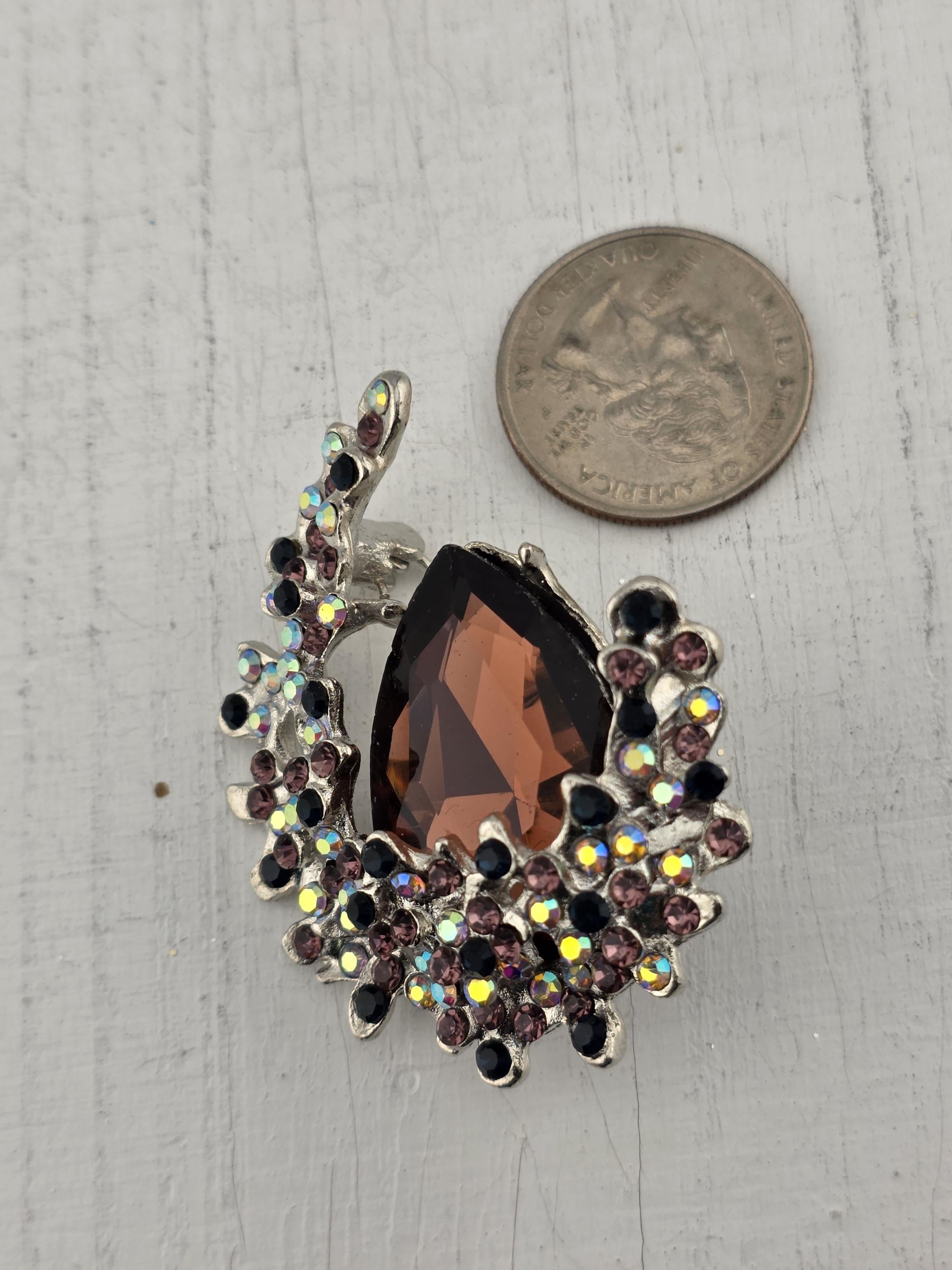 Amethyst Flower Brooch Pin - Silver-Plated with Purple Rhinestone | Handmade Pin | Jacket Scarf Hat Accessory | Gift Idea