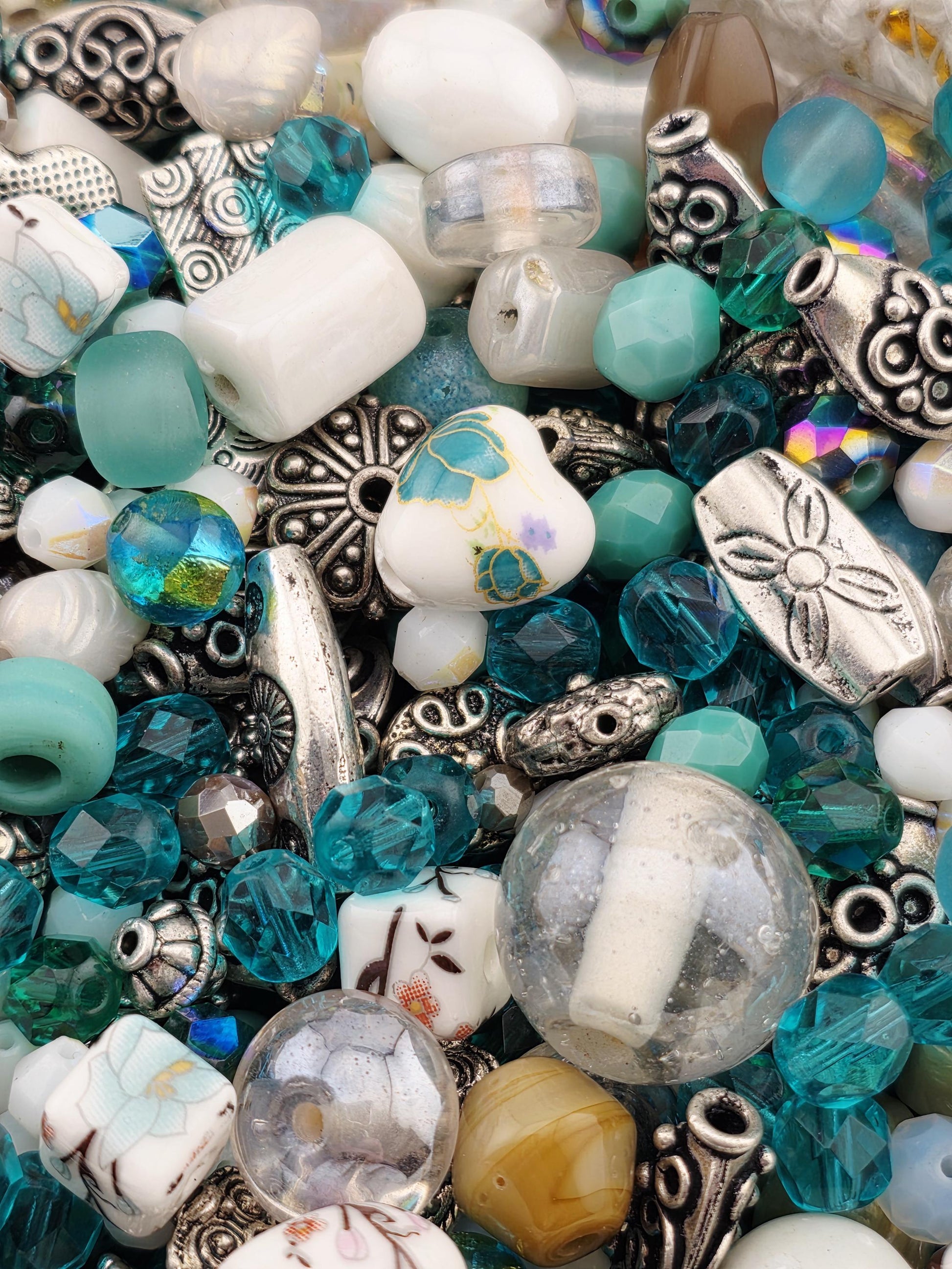 2oz "Antique Aqua" Glass Bead Mix Blue, brown & white Glass and Alloy beads with matching Sea Life Charms | Jewelry Making Bracelet Supply