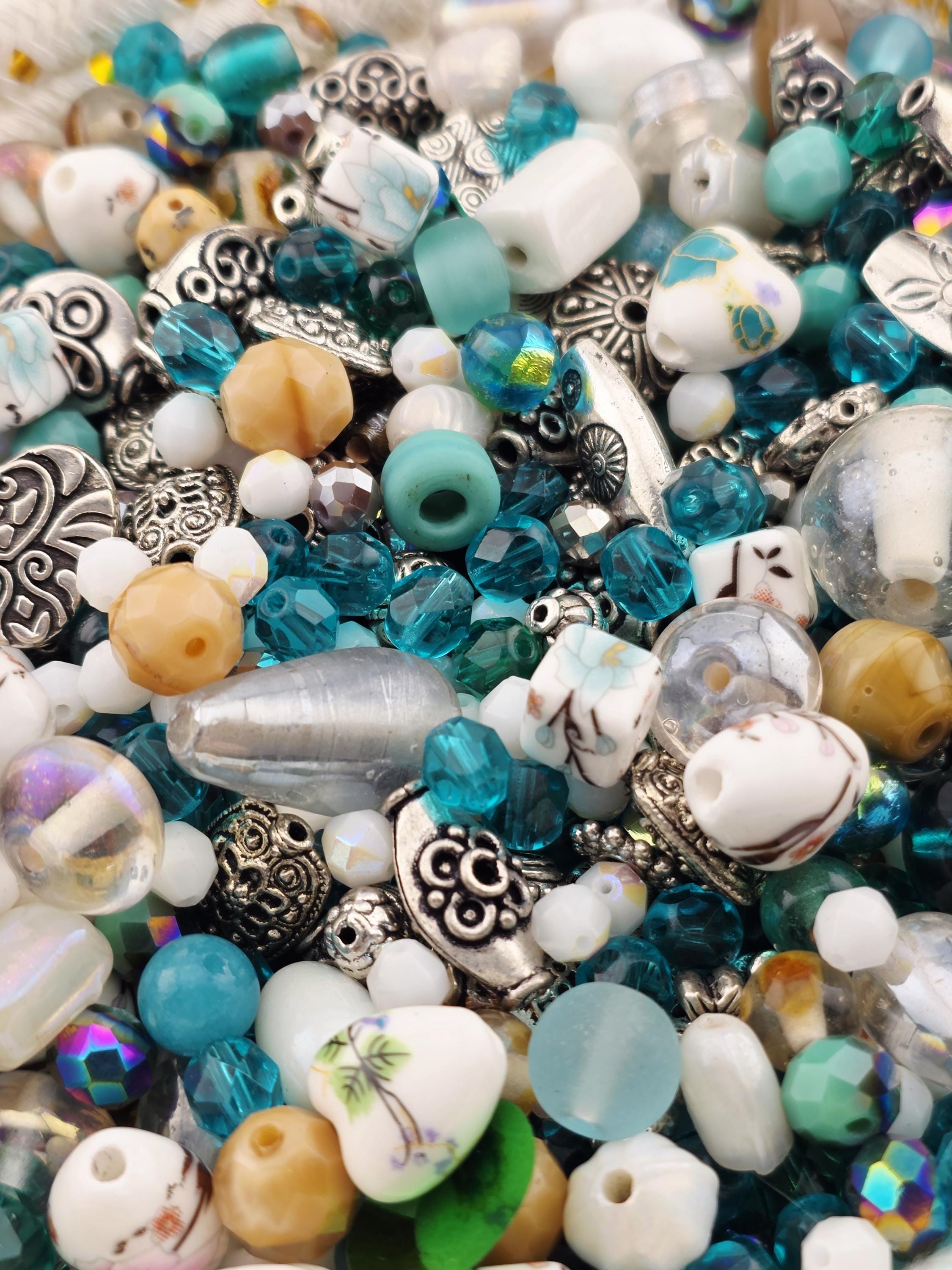 2oz "Antique Aqua" Glass Bead Mix Blue, brown & white with Metal Sea Life Charms