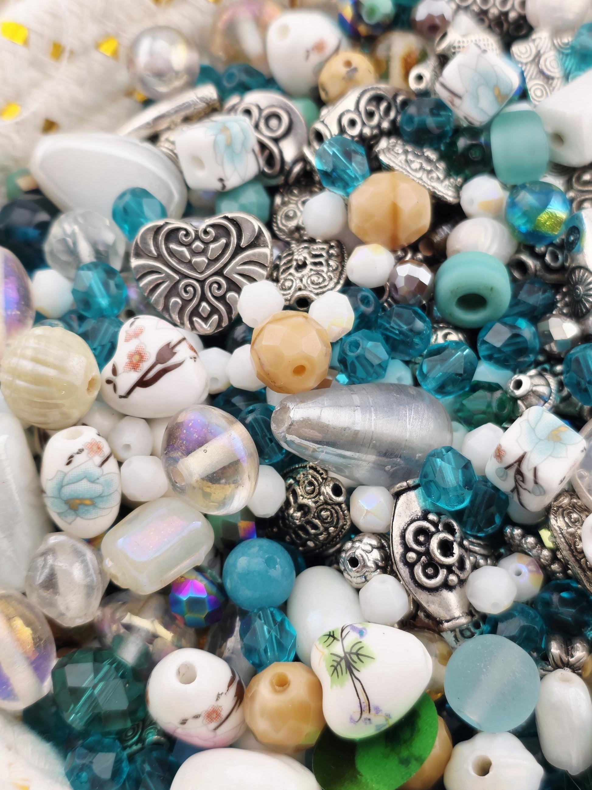 2oz "Antique Aqua" Glass Bead Mix Blue, brown & white with Metal Sea Life Charms