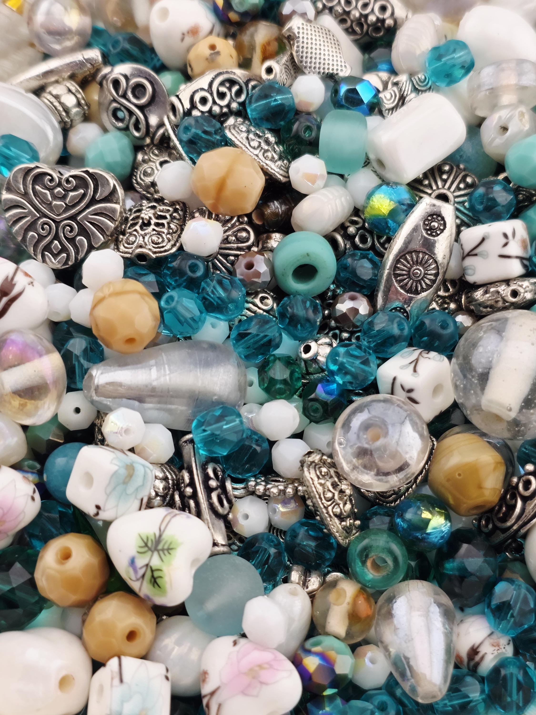 2oz "Antique Aqua" Glass Bead Mix Blue, brown & white with Metal Sea Life Charms