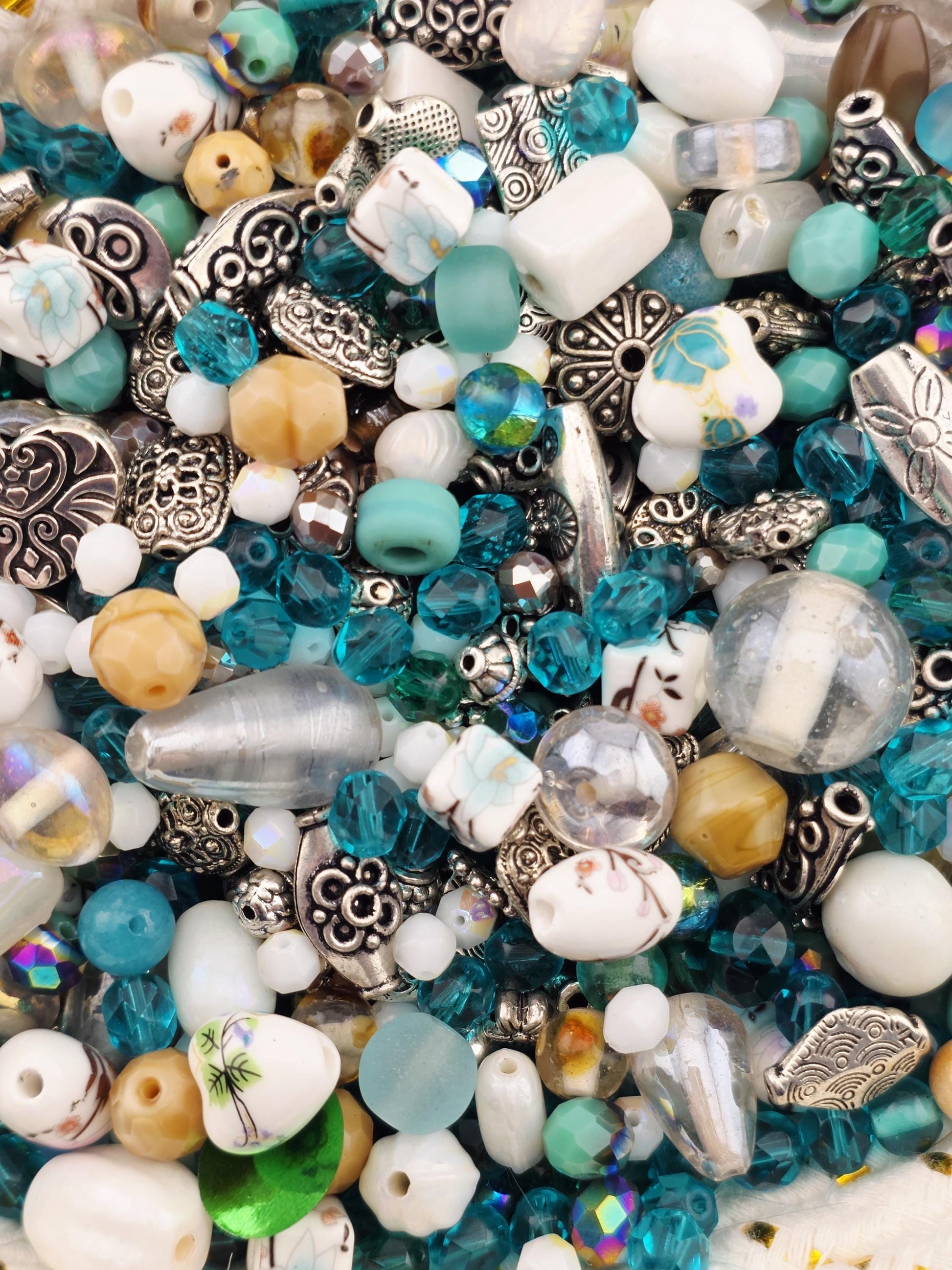 2oz "Antique Aqua" Glass Bead Mix Blue, brown & white Glass and Alloy beads with matching Sea Life Charms | Jewelry Making Bracelet Supply