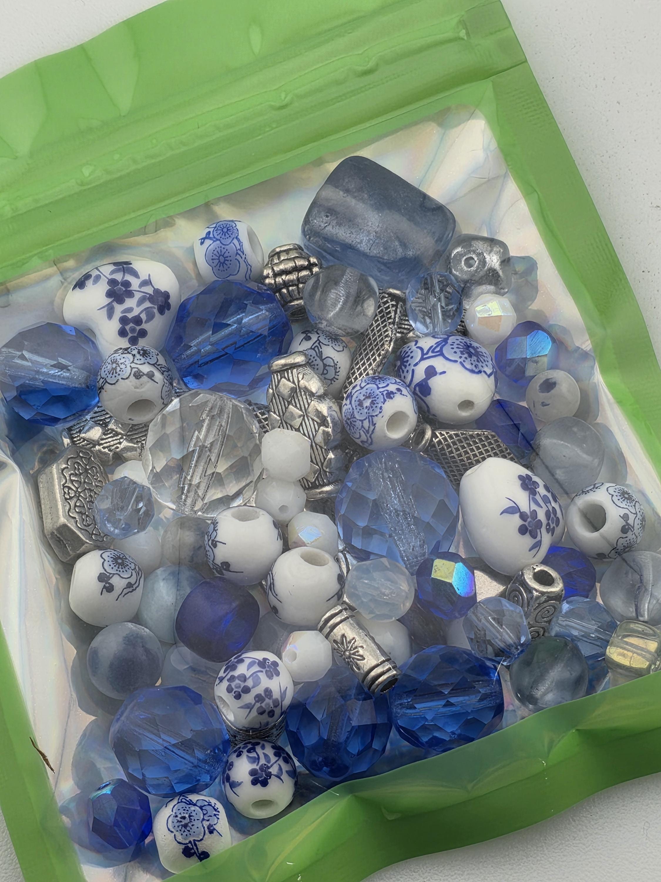 Indigo Garden Bead Mix, Porcelain & Cobalt Blue Glass Bead Mix (2oz, Floral Design) | Jewelry Making Bracelet Supply | Learise Curated Mix