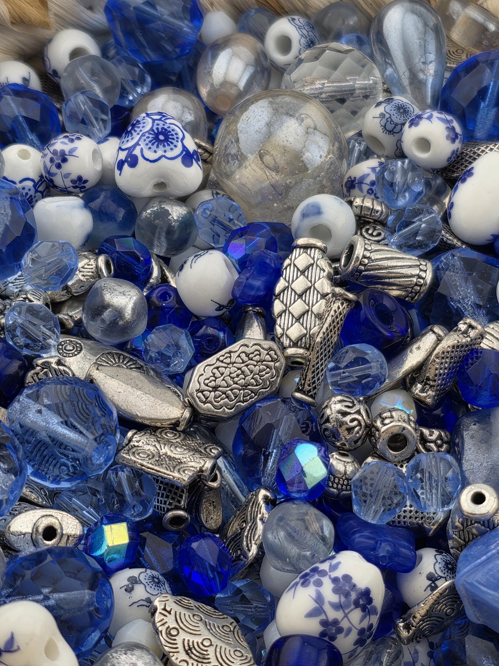Indigo Garden Bead Mix, Porcelain & Cobalt Blue Glass Bead Mix (2oz, Floral Design) | Jewelry Making Bracelet Supply | Learise Curated Mix