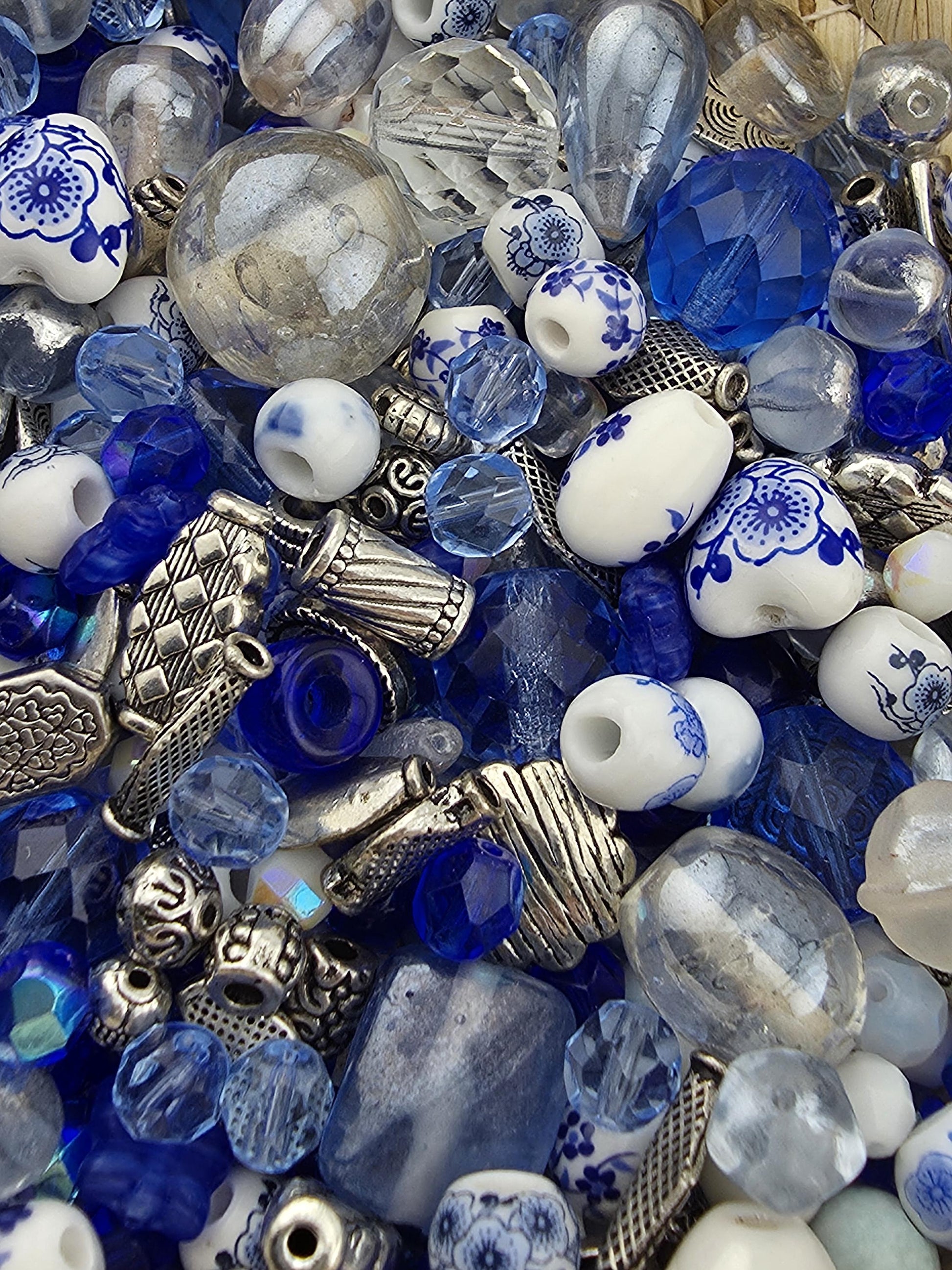 Indigo Garden Bead Mix, Porcelain & Cobalt Blue Glass Bead Mix (2oz, Floral Design) | Jewelry Making Bracelet Supply | Learise Curated Mix