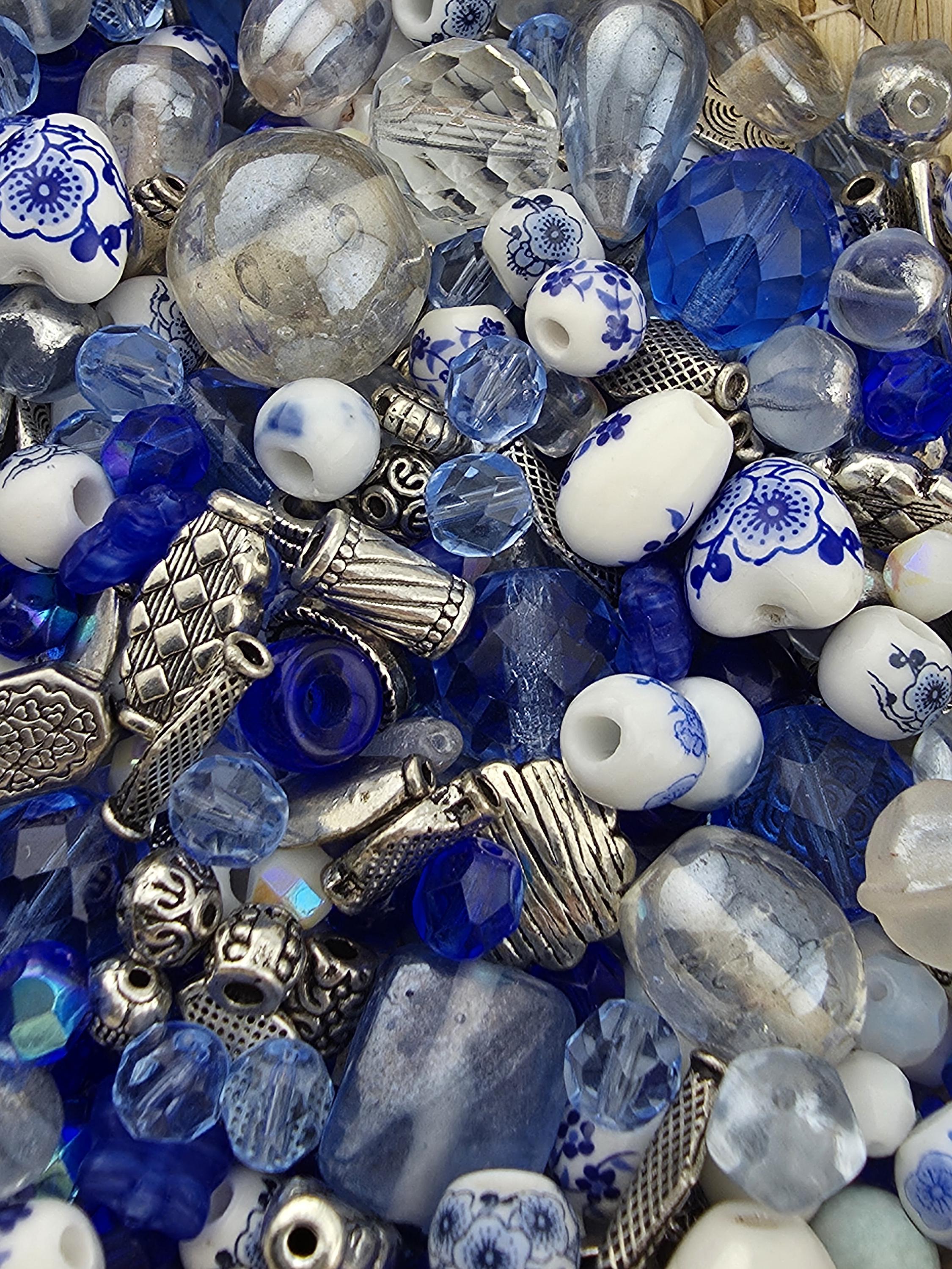 Indigo Garden Bead Mix, Porcelain & Cobalt Blue Glass Bead Mix (2oz, Floral Design) | Jewelry Making Bracelet Supply | Learise Curated Mix