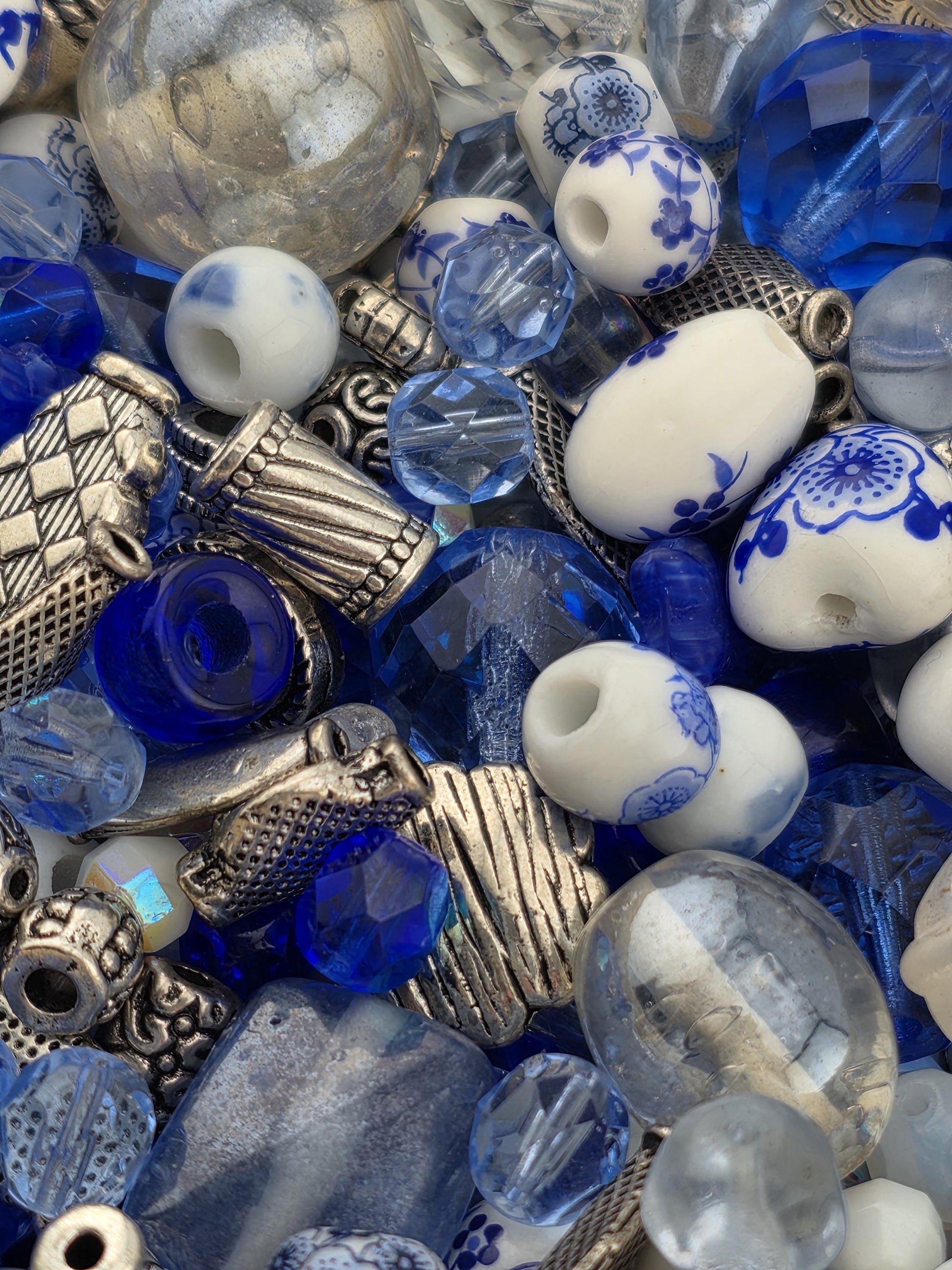 Indigo Garden Bead Mix, Porcelain & Cobalt Blue Glass Bead Mix (2oz, Floral Design) | Jewelry Making Bracelet Supply | Learise Curated Mix