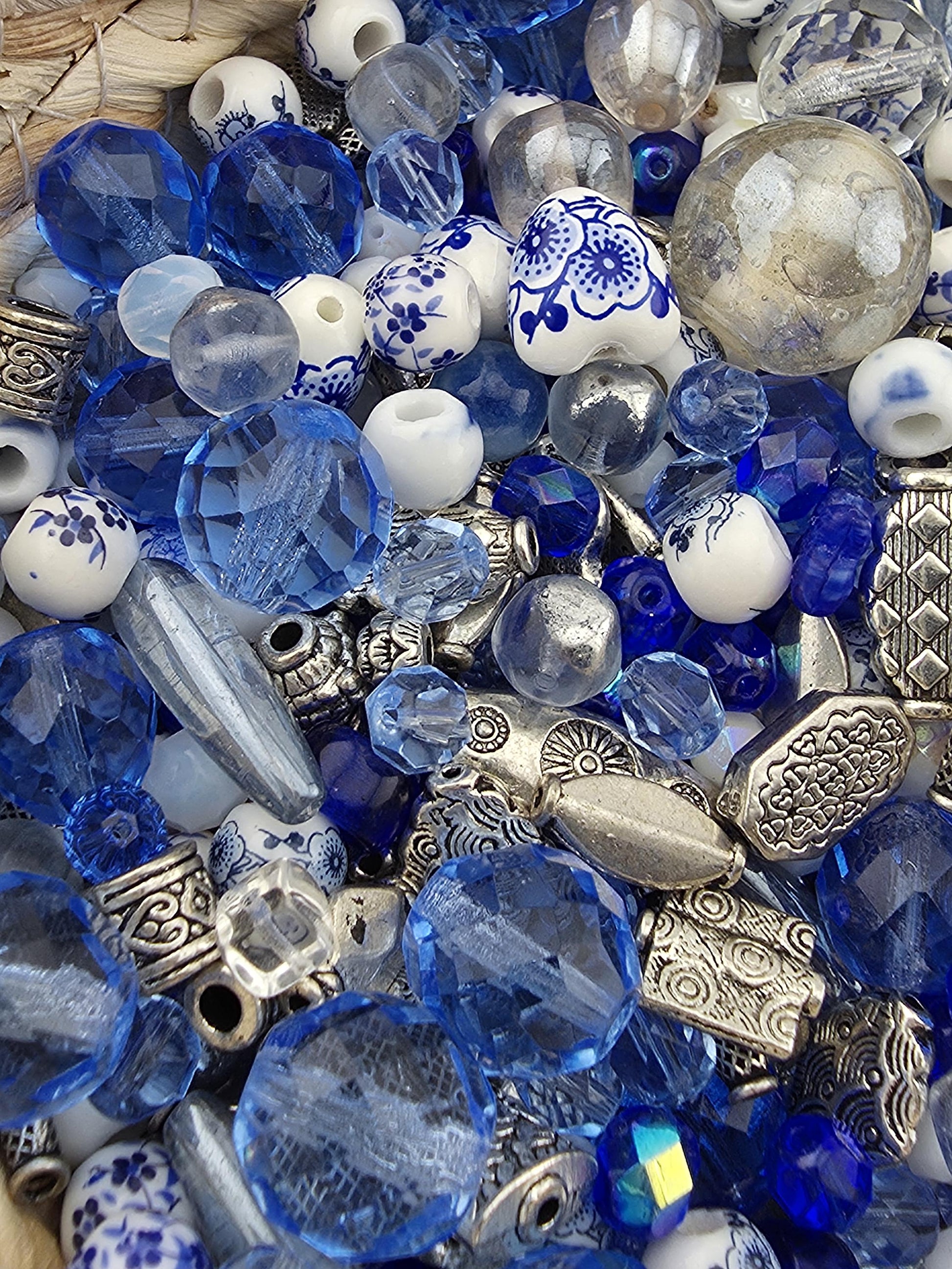 Indigo Garden Bead Mix, Porcelain & Cobalt Blue Glass Bead Mix (2oz, Floral Design) | Jewelry Making Bracelet Supply | Learise Curated Mix