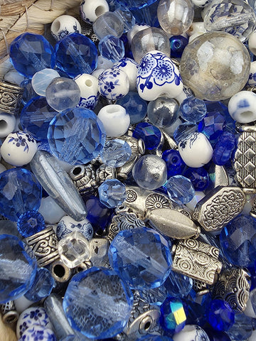 Indigo Garden Bead Mix, Porcelain & Cobalt Blue Glass Bead Mix (2oz, Floral Design) | Jewelry Making Bracelet Supply | Learise Curated Mix