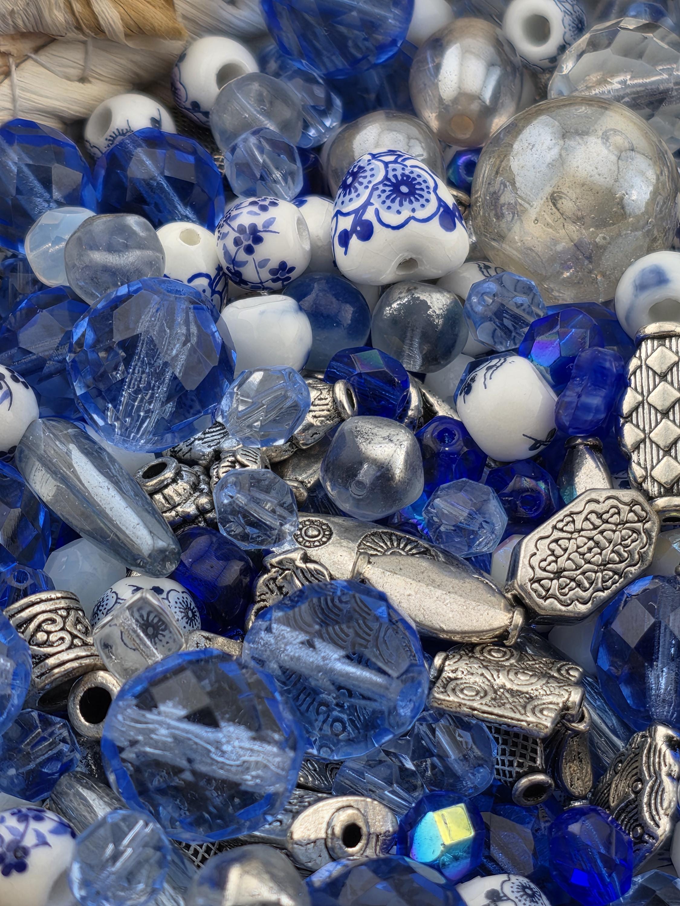 Indigo Garden Bead Mix, Porcelain & Cobalt Blue Glass Bead Mix (2oz, Floral Design) | Jewelry Making Bracelet Supply | Learise Curated Mix