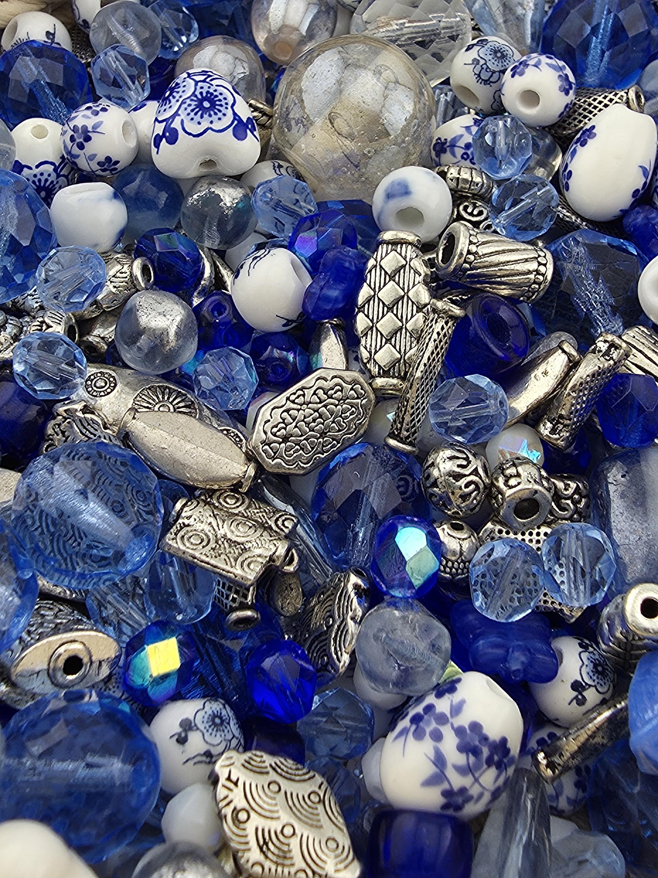 Indigo Garden Bead Mix, Porcelain & Cobalt Blue Glass Bead Mix (2oz, Floral Design) | Jewelry Making Bracelet Supply | Learise Curated Mix
