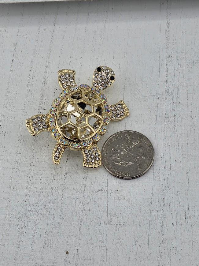 Turtle Brooch: Gold Tone Animal Pin (Cubic Zirconia Accent) | Handmade Pin | Jacket Scarf Hat Accessory | Gift Idea