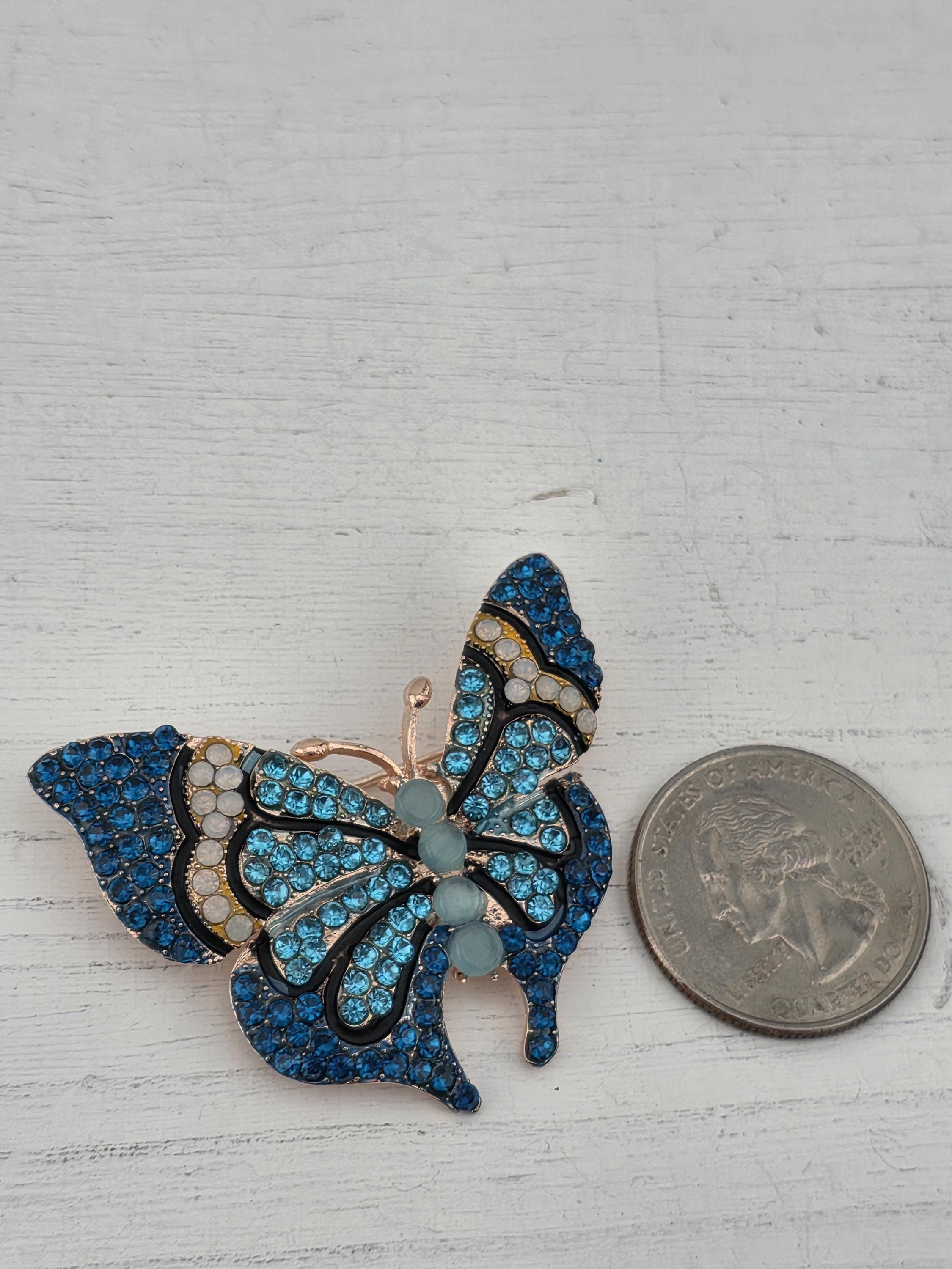 Butterfly Pendant, Gold Plated with Aqua Teal Gems (Delicate and Lightweight) | Handmade Pin | Jacket Scarf Hat Accessory | Gift Idea