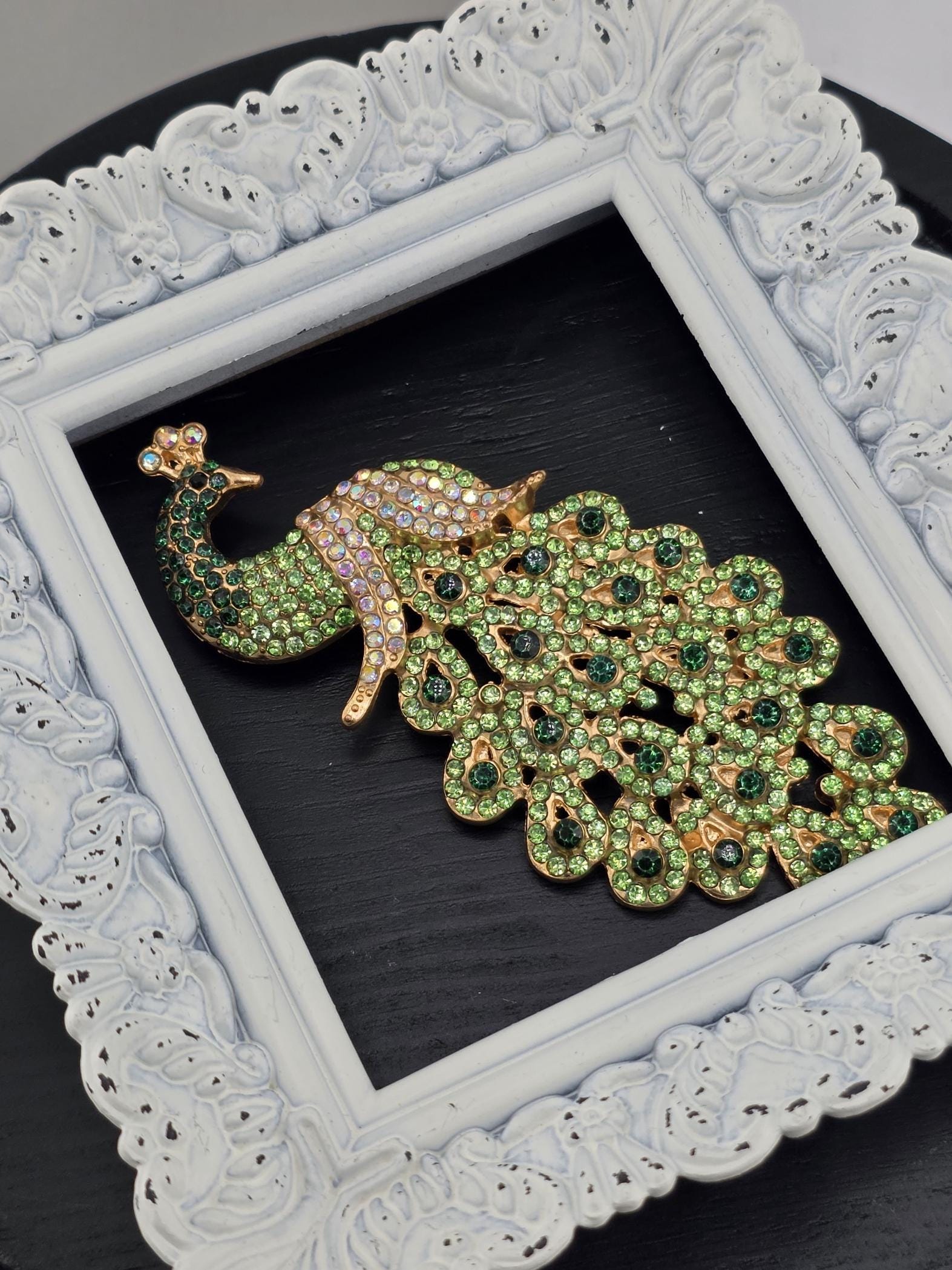 Gold Plated Peacock Brooch: Light and Dark Green Enamel