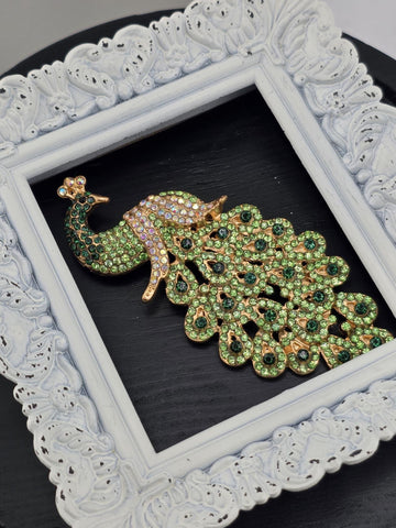 Gold Plated Peacock Brooch: Light and Dark Green Enamel