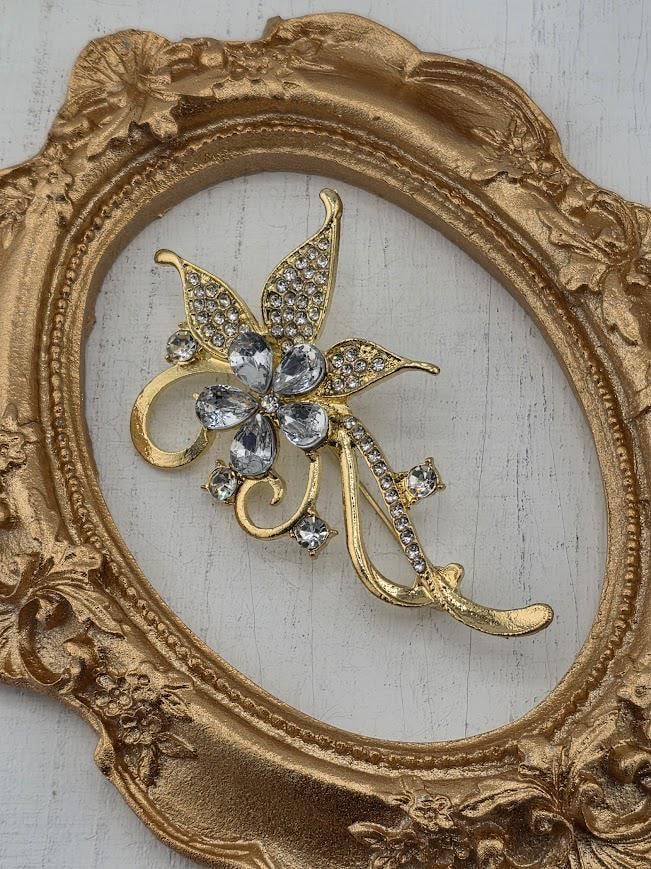 Gold Plated Flower Brooch: Sparkling CZ Stones, 1.5 Inch Pin
