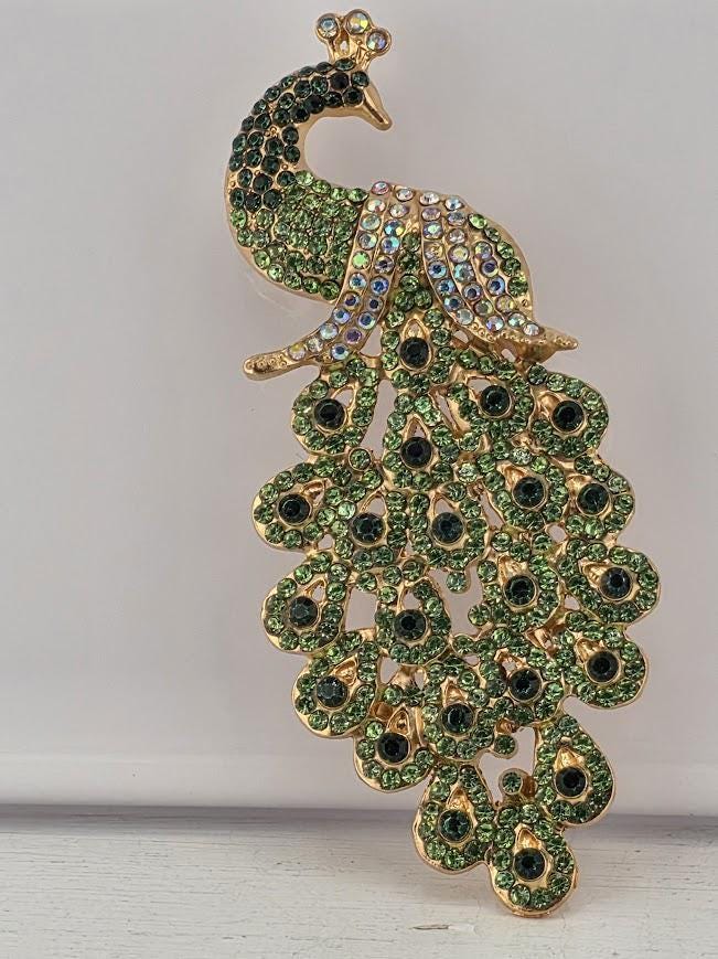 Gold Plated Peacock Brooch: Light and Dark Green Enamel