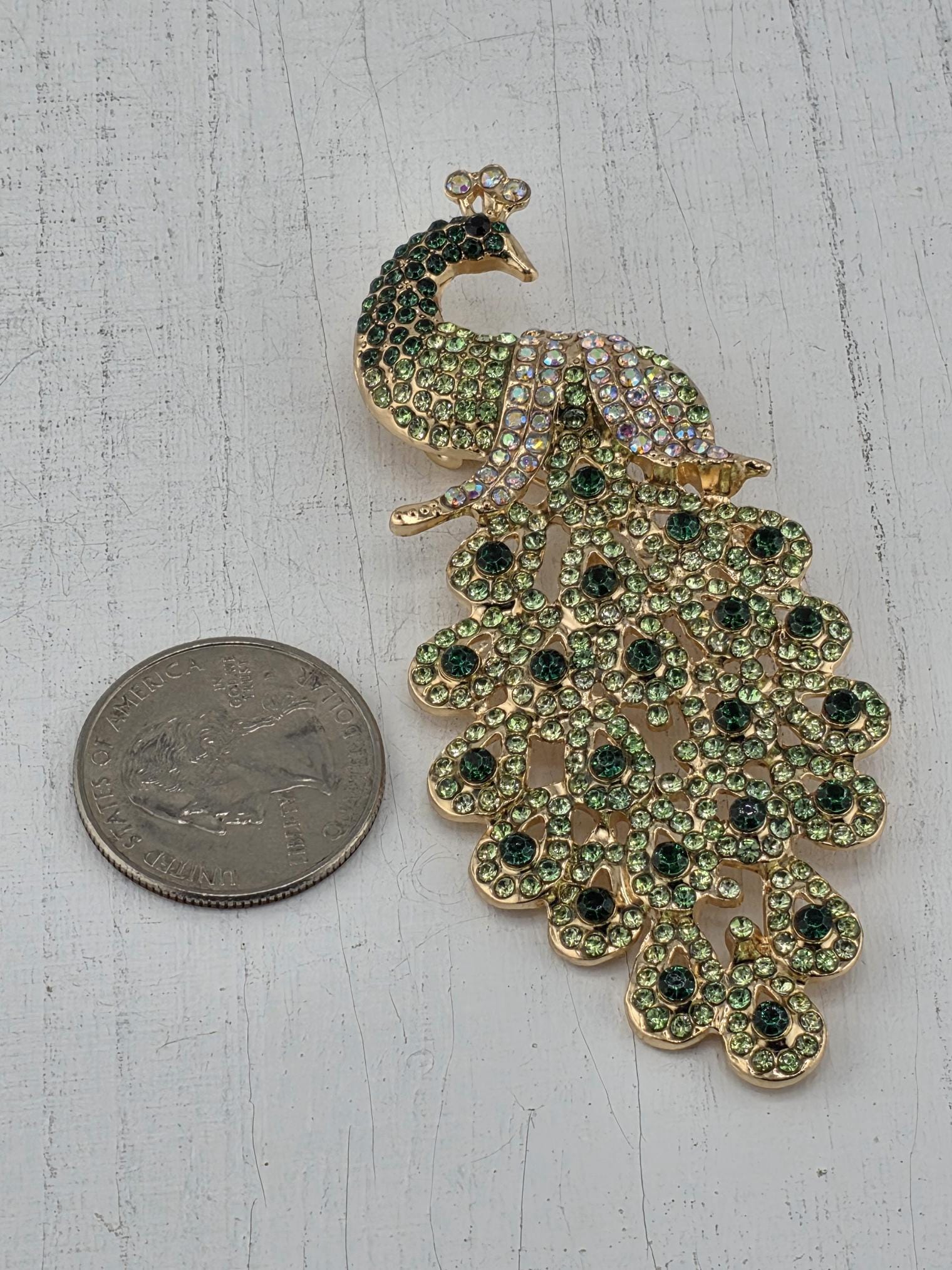 Gold Plated Peacock Brooch: Light and Dark Green Enamel