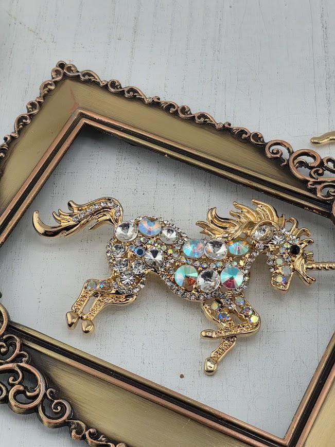 Unicorn Brooch: Gold Plated with Cubic Zirconia - Lightweight Pin