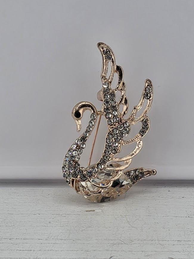 Swan Brooch Pin: Elegant Gold Plated Jewelry (Cubic Zirconia) | Handmade Pin | Jacket Scarf Hat Accessory | Gift Idea