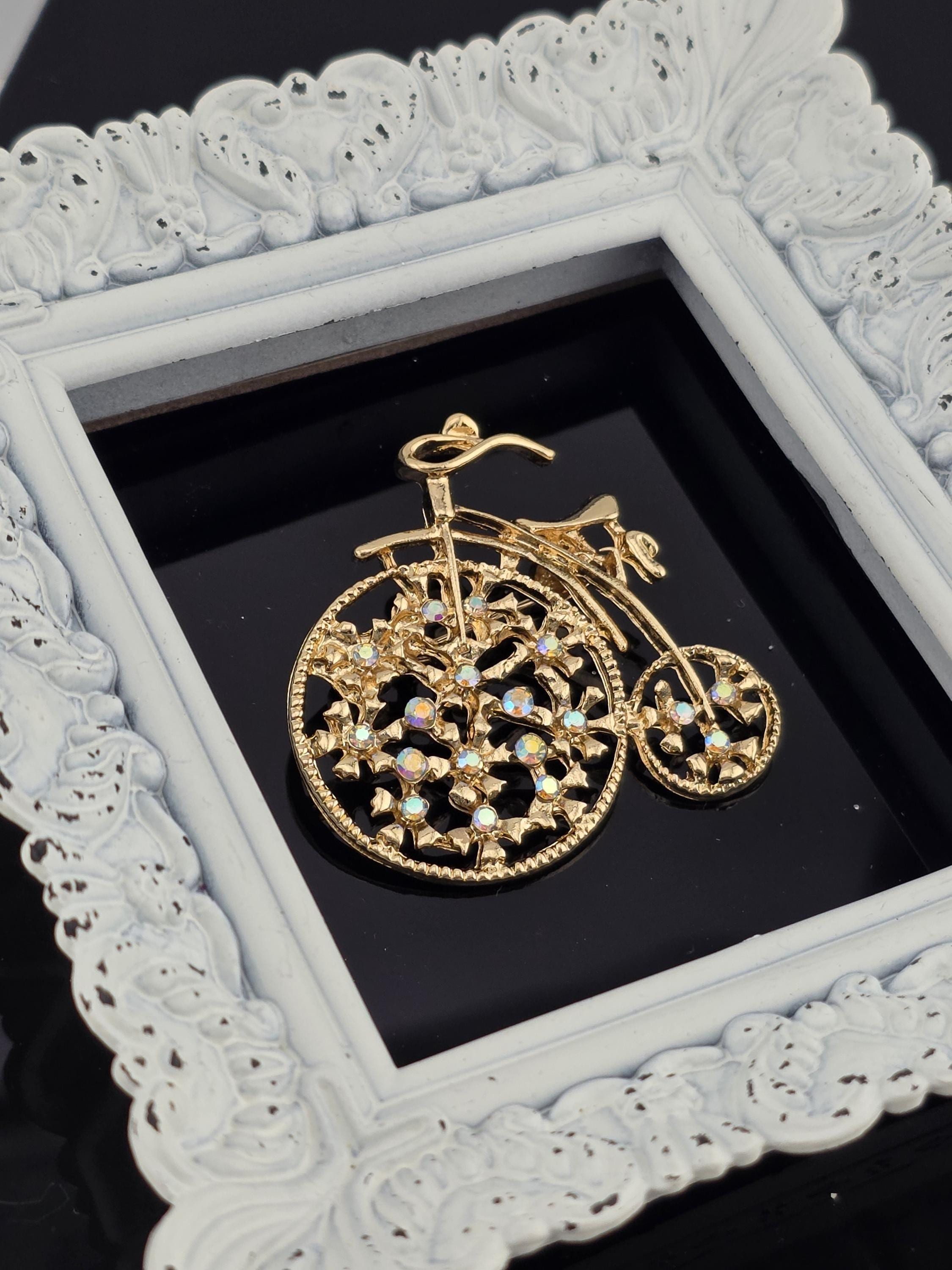 Bicycle Pendant: Gold Plated Rhinestones (Charm for Jewelry) | Handmade Pin | Jacket Scarf Hat Accessory | Gift Idea