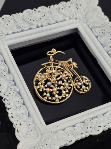 Bicycle Pendant: Gold Plated Rhinestones (Charm for Jewelry) | Handmade Pin | Jacket Scarf Hat Accessory | Gift Idea
