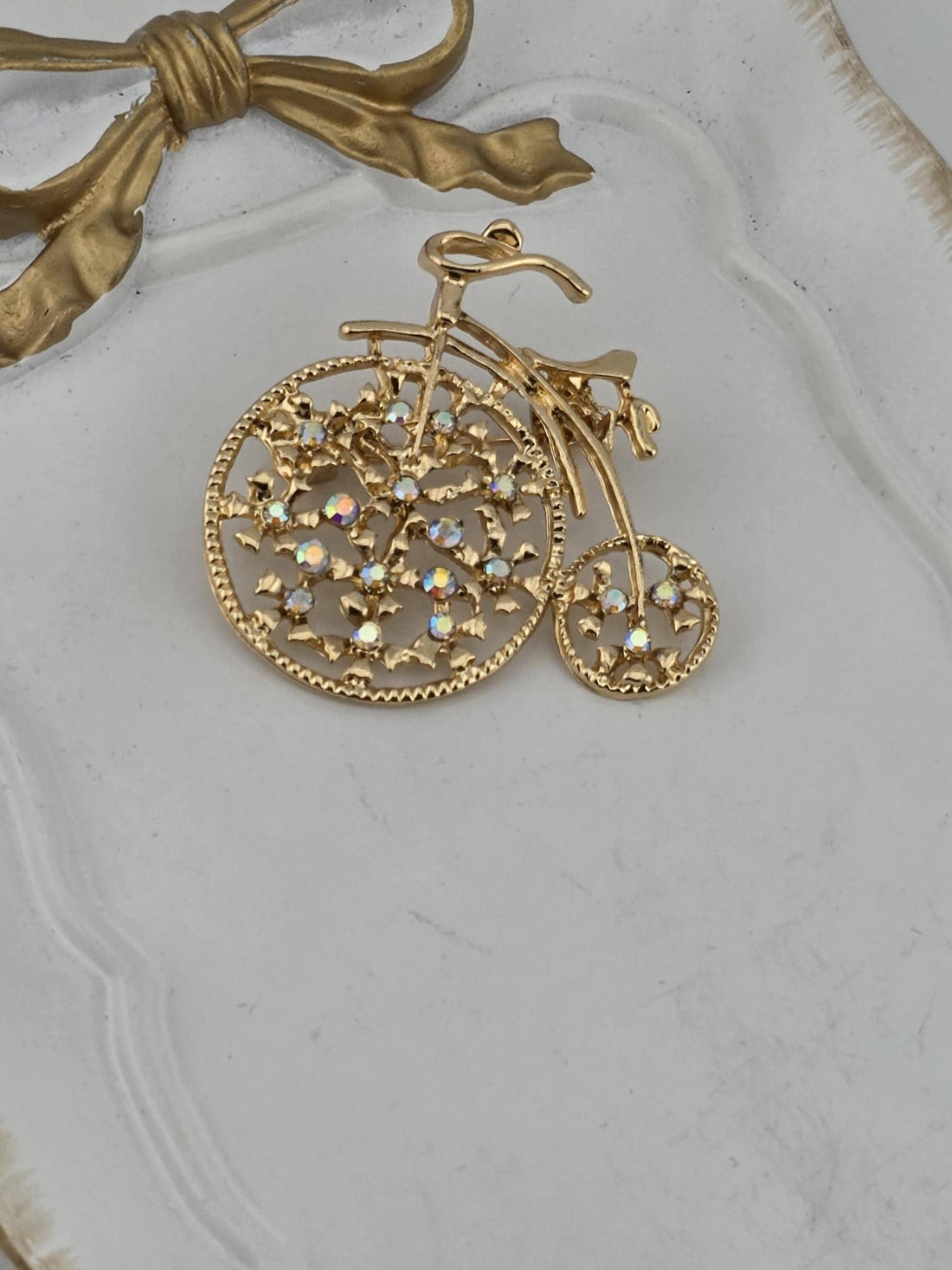 Bicycle Pendant: Gold Plated Rhinestones (Charm for Jewelry) | Handmade Pin | Jacket Scarf Hat Accessory | Gift Idea