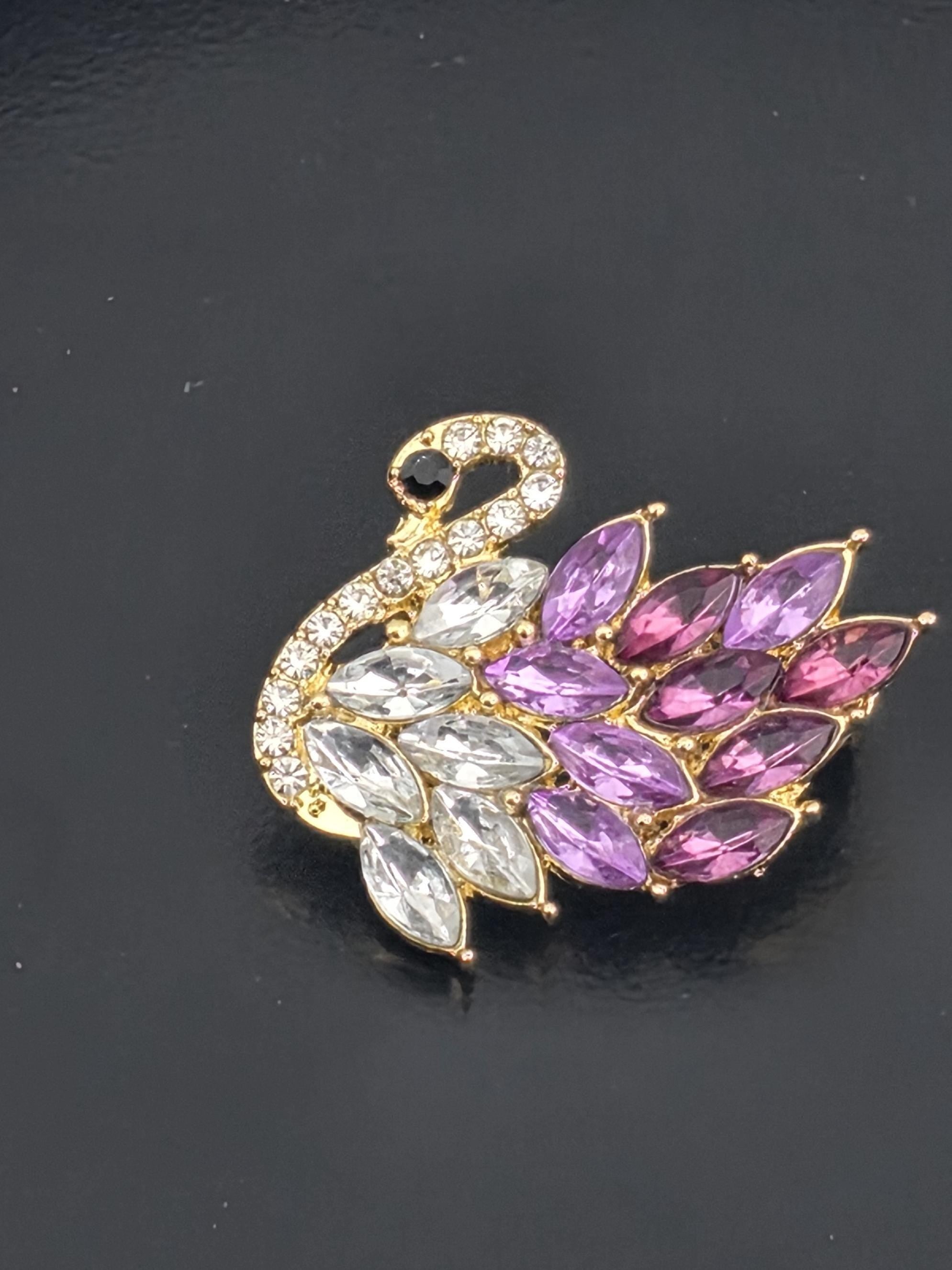 Swan Brooch, gold Plated with Pink & Purple Rhinestones (Compact Lapel Pin)
