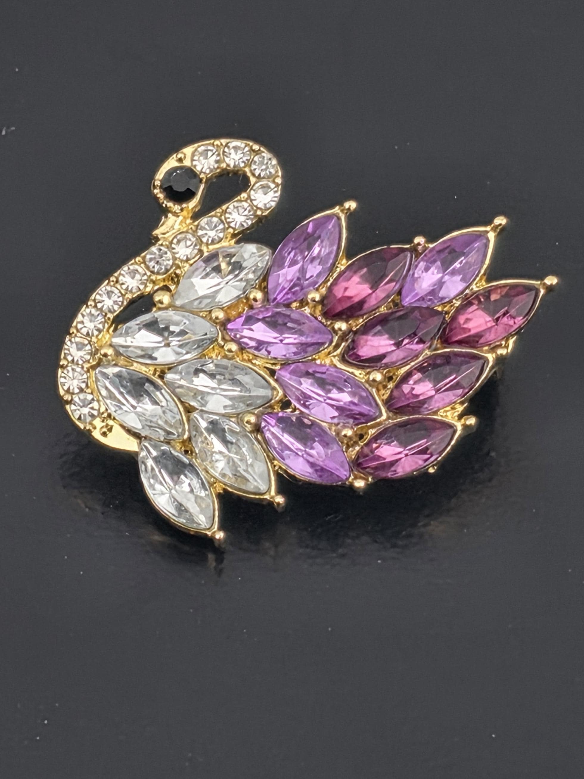 Swan Brooch, gold Plated with Pink & Purple Rhinestones (Compact Lapel Pin)