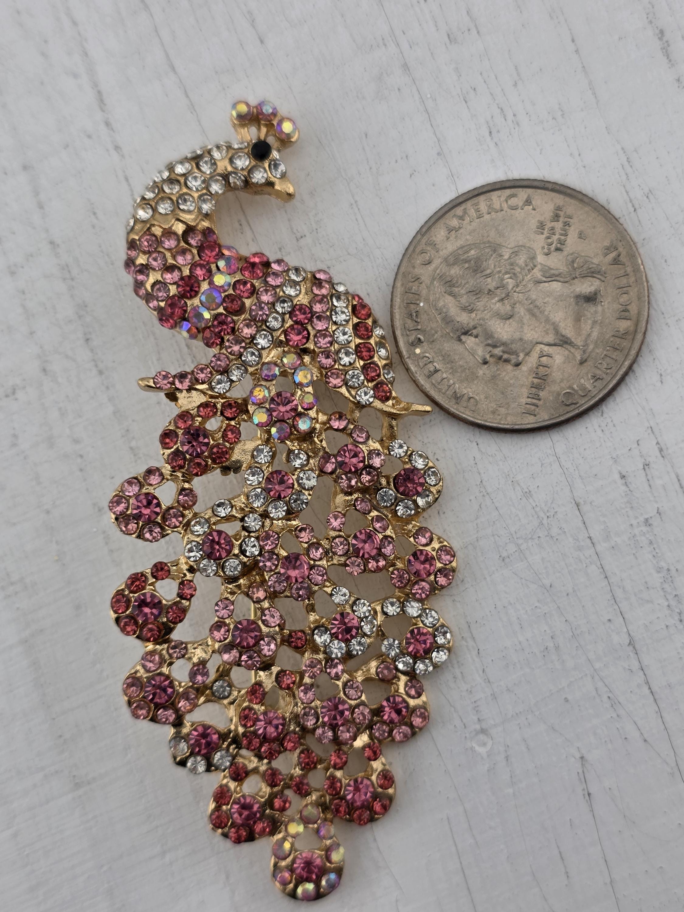 Pink Peacock Brooch, Rhinestone Sparkle (Gold Tone Backing)