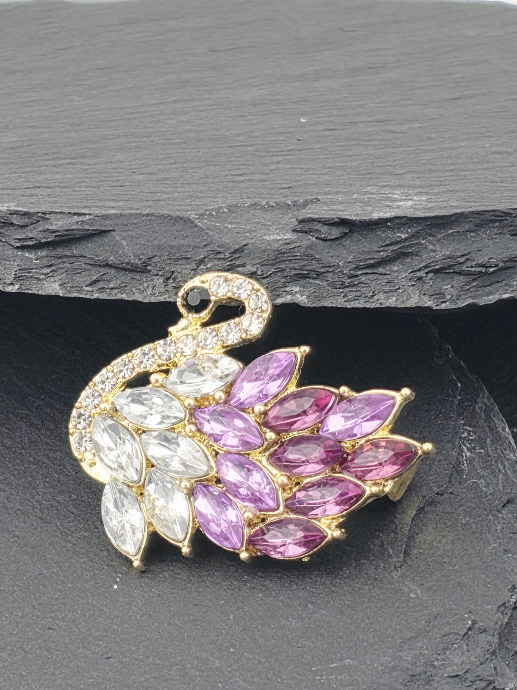 Swan Brooch, gold Plated with Pink & Purple Rhinestones (Compact Lapel Pin)