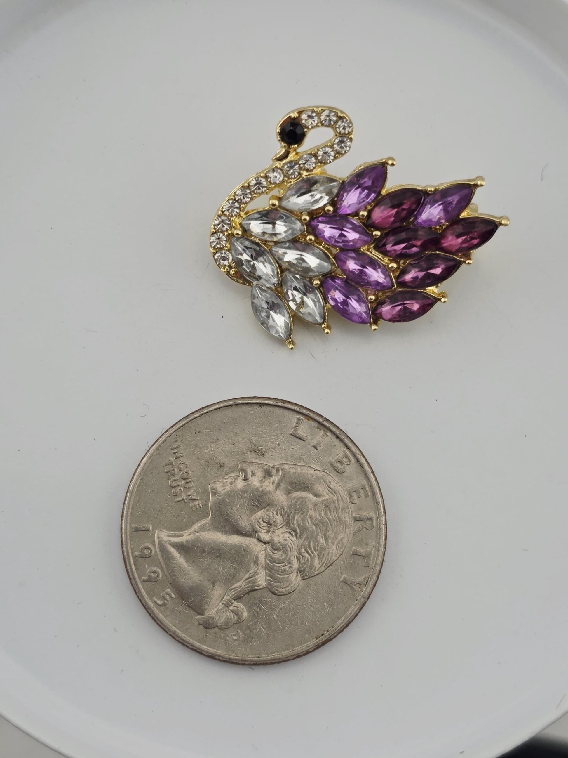 Swan Brooch, gold Plated with Pink & Purple Rhinestones (Compact Lapel Pin)