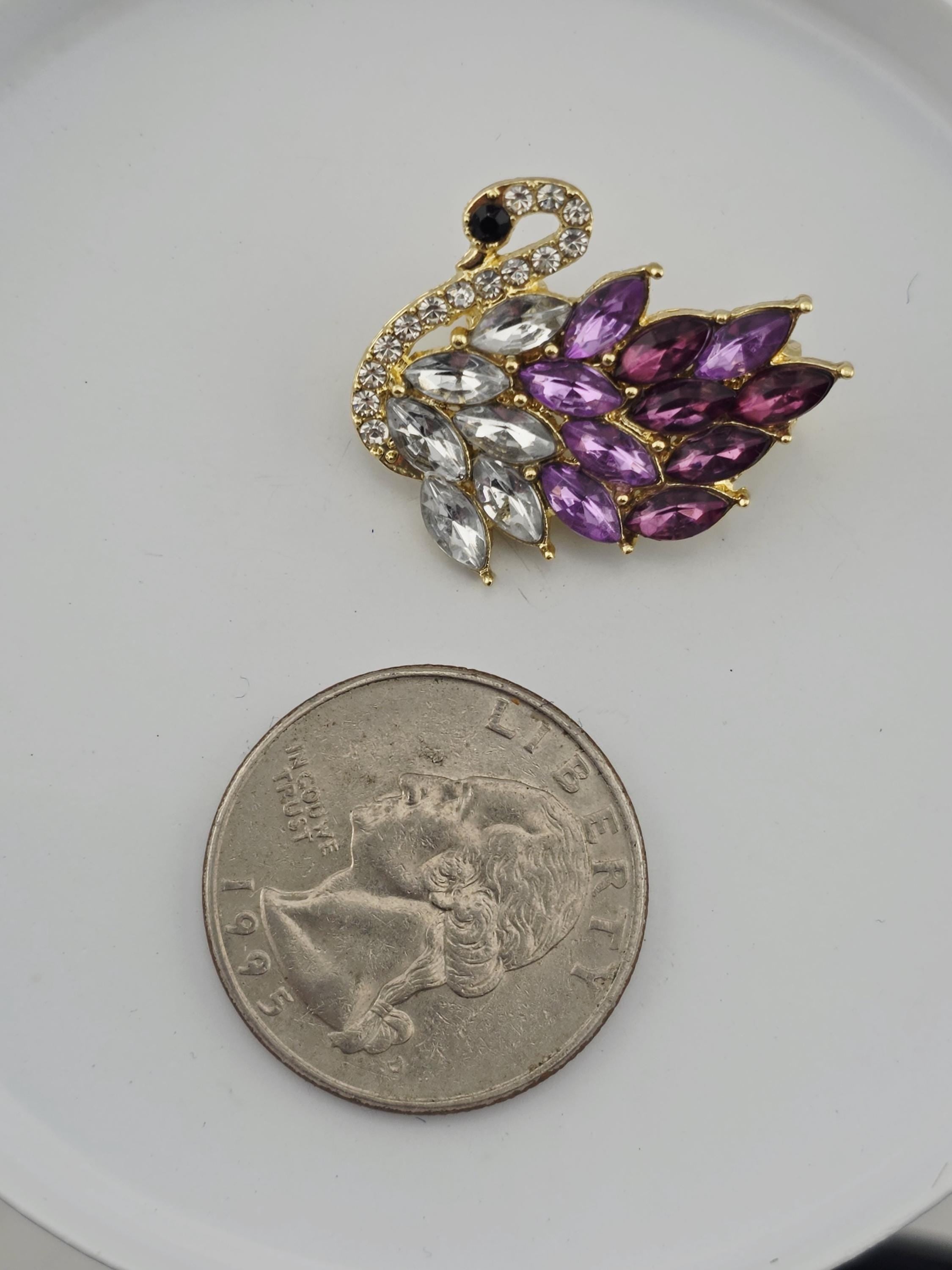 Swan Brooch, gold Plated with Pink & Purple Rhinestones (Compact Lapel Pin)