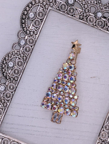 Festive Christmas Tree Pin: Gold Plated with Rhinestones | Handmade Pin | Jacket Scarf Hat Accessory | Gift Idea