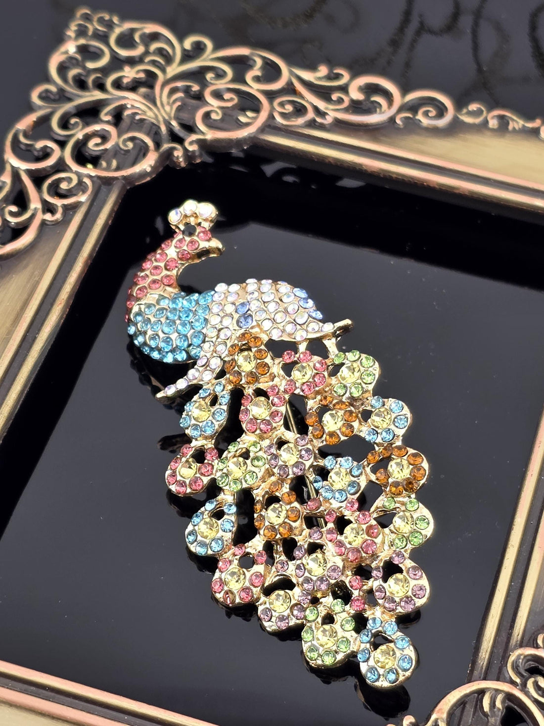 Sparkling Peacock Brooch - Multicolor Rhinestones on Gold Tone