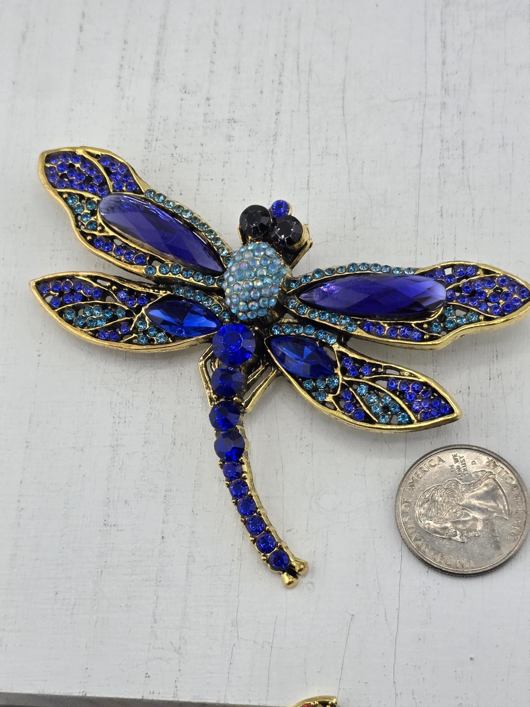 Dragonfly Brooch Pin: Gold Plated with Blue Accent - Handmade