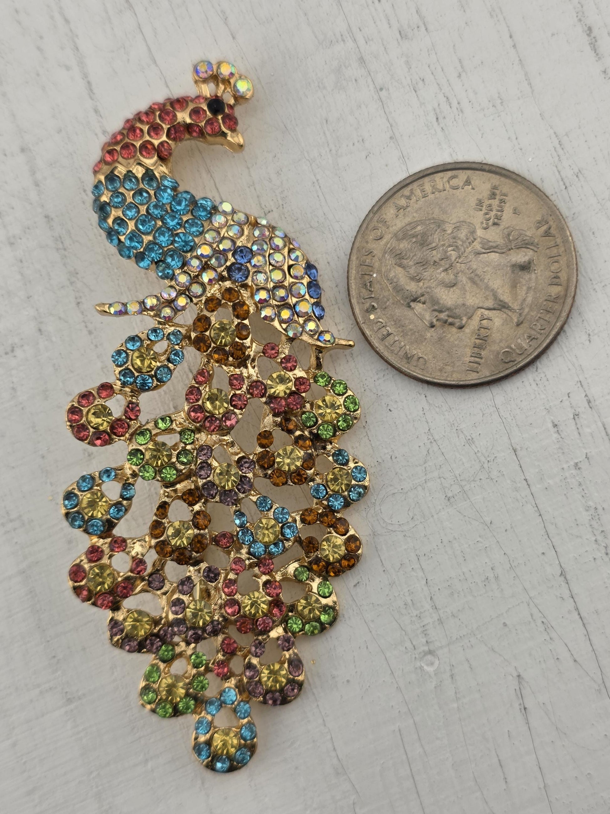 Sparkling Peacock Brooch - Multicolor Rhinestones on Gold Tone