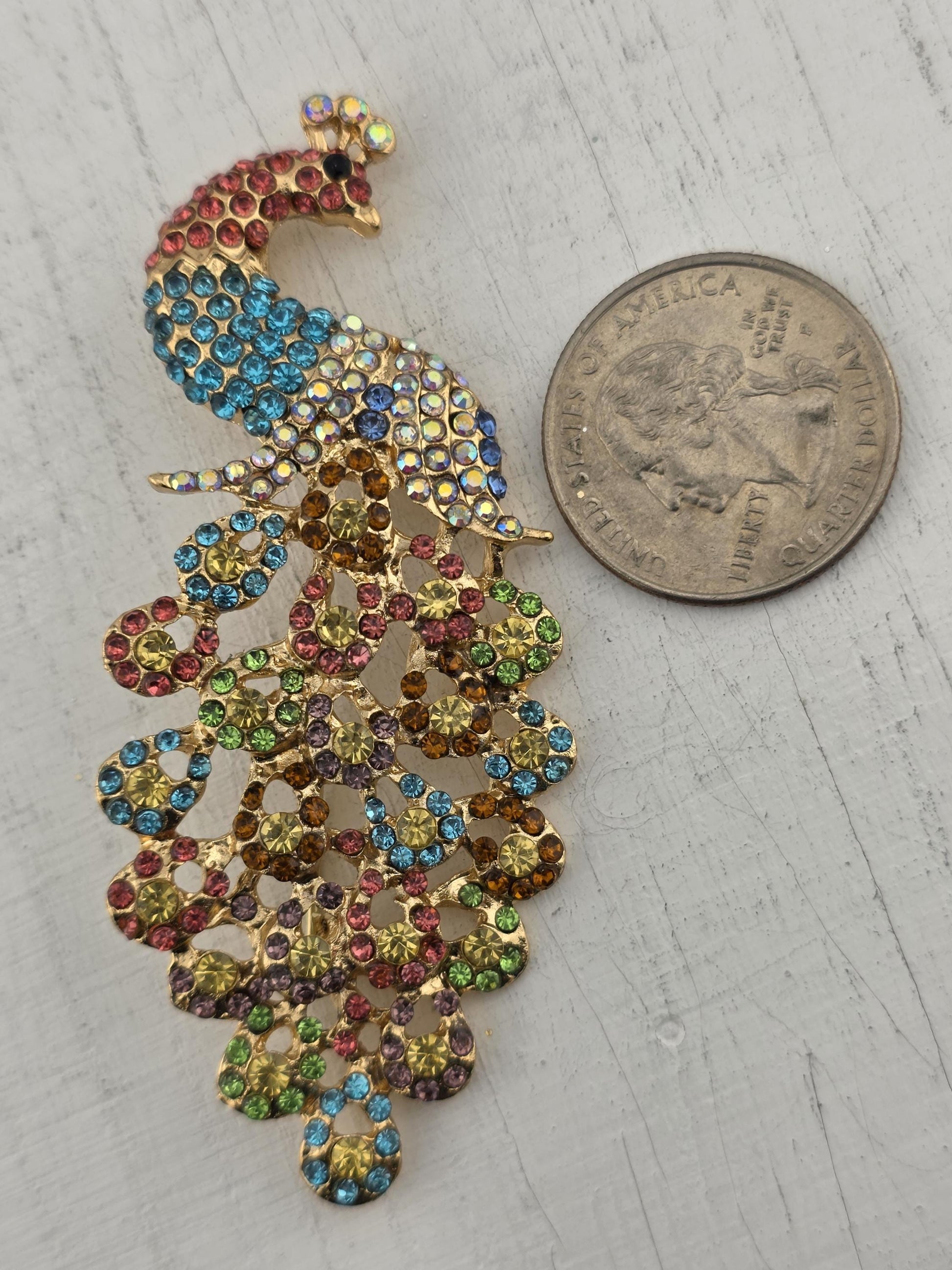 Sparkling Peacock Brooch - Multicolor Rhinestones on Gold Tone | Handmade Pin | Jacket Scarf Hat Accessory | Gift Idea