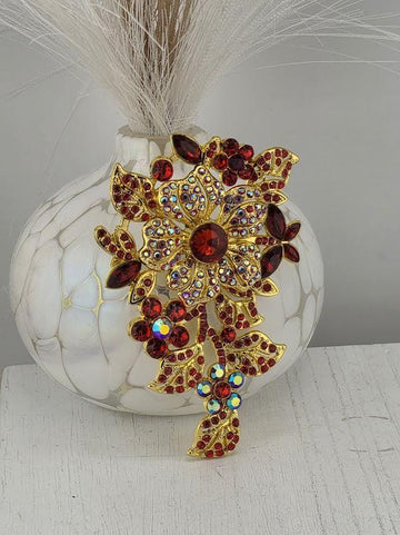 Ruby Flower Brooch: Gold Plated with Red Gemstone Accent | Handmade Pin | Jacket Scarf Hat Accessory | Gift Idea
