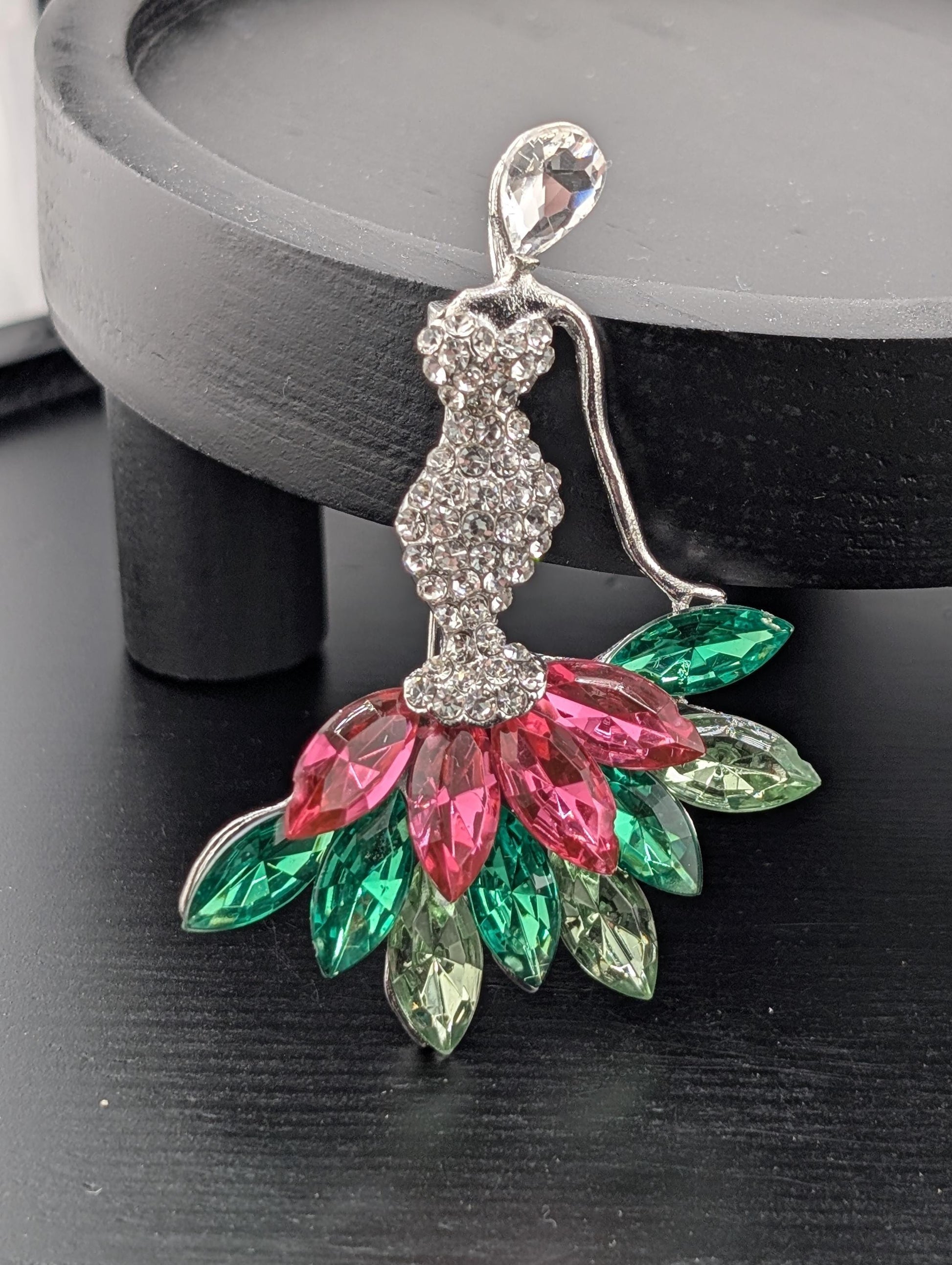 Vintage Lady Brooch Pin - Silver Tone with Pink and Green Rhinestones | Handmade Pin | Jacket Scarf Hat Accessory | Gift Idea